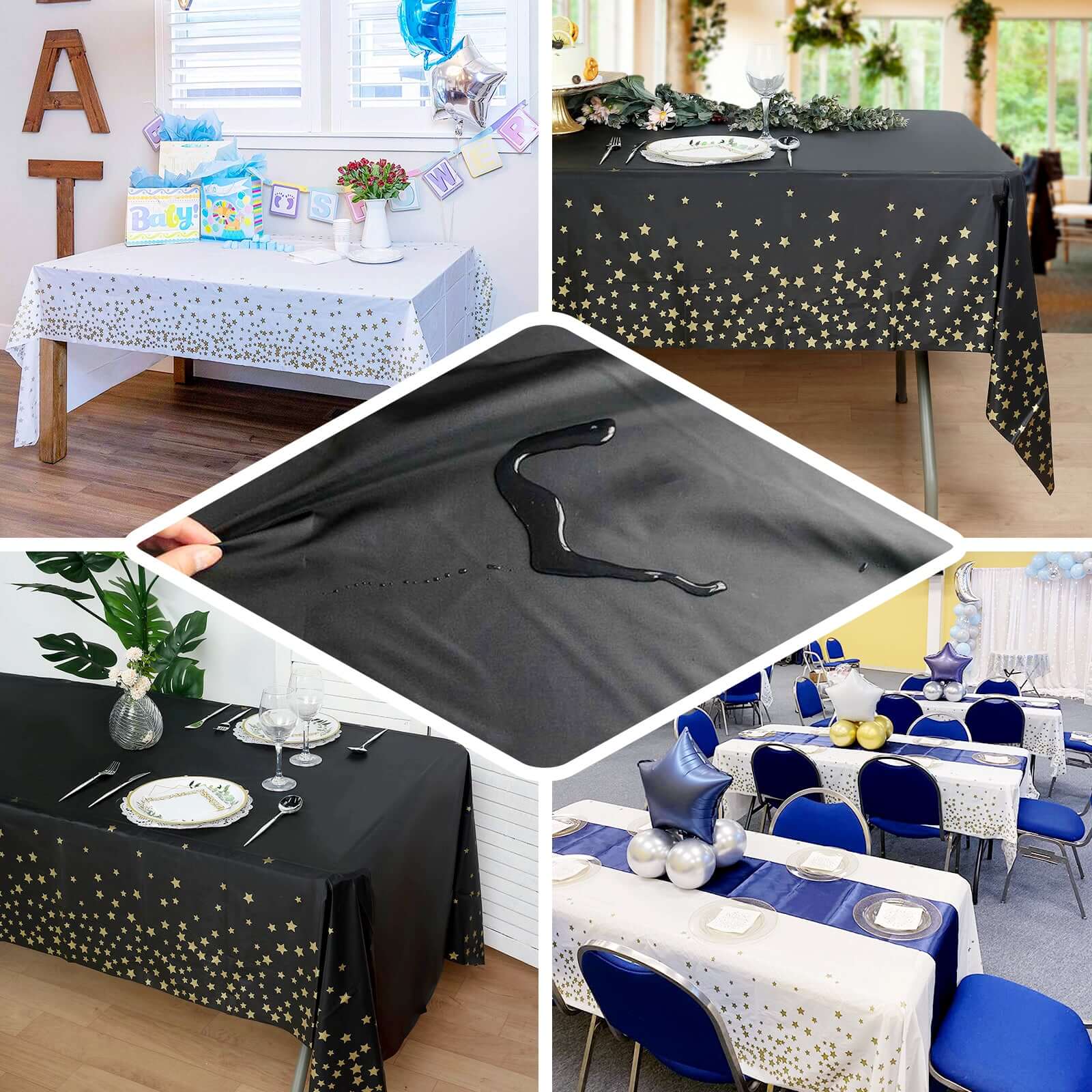 5-Pack Disposable White PVC Table Covers with Gold Stars, 54x108 Rectangle