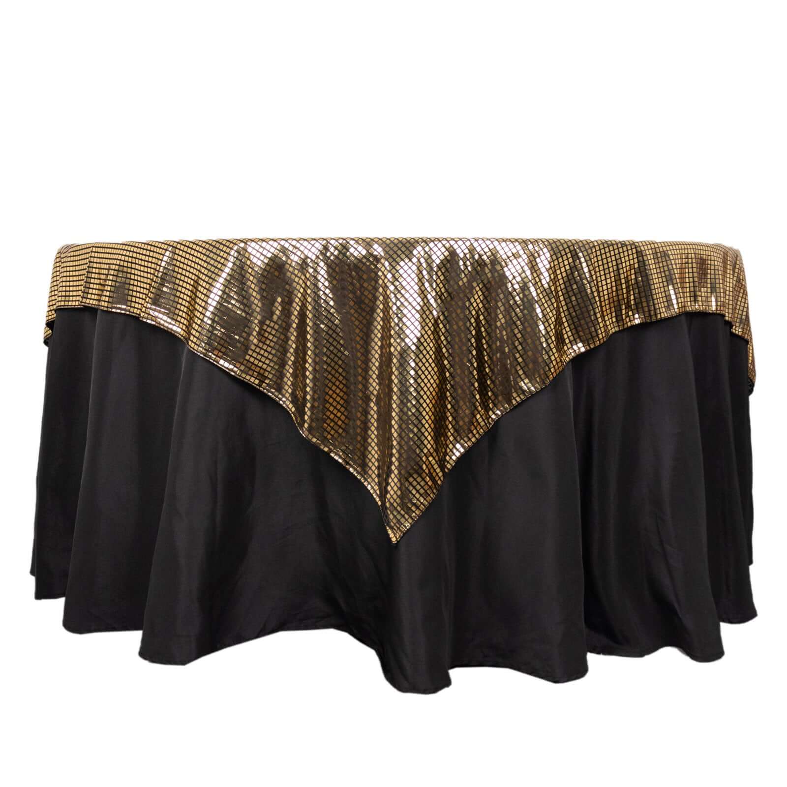 Stylish Black - Gold Foil Disco Mirror Ball Polyester 72x72 Square Table Overlay for Celebrations