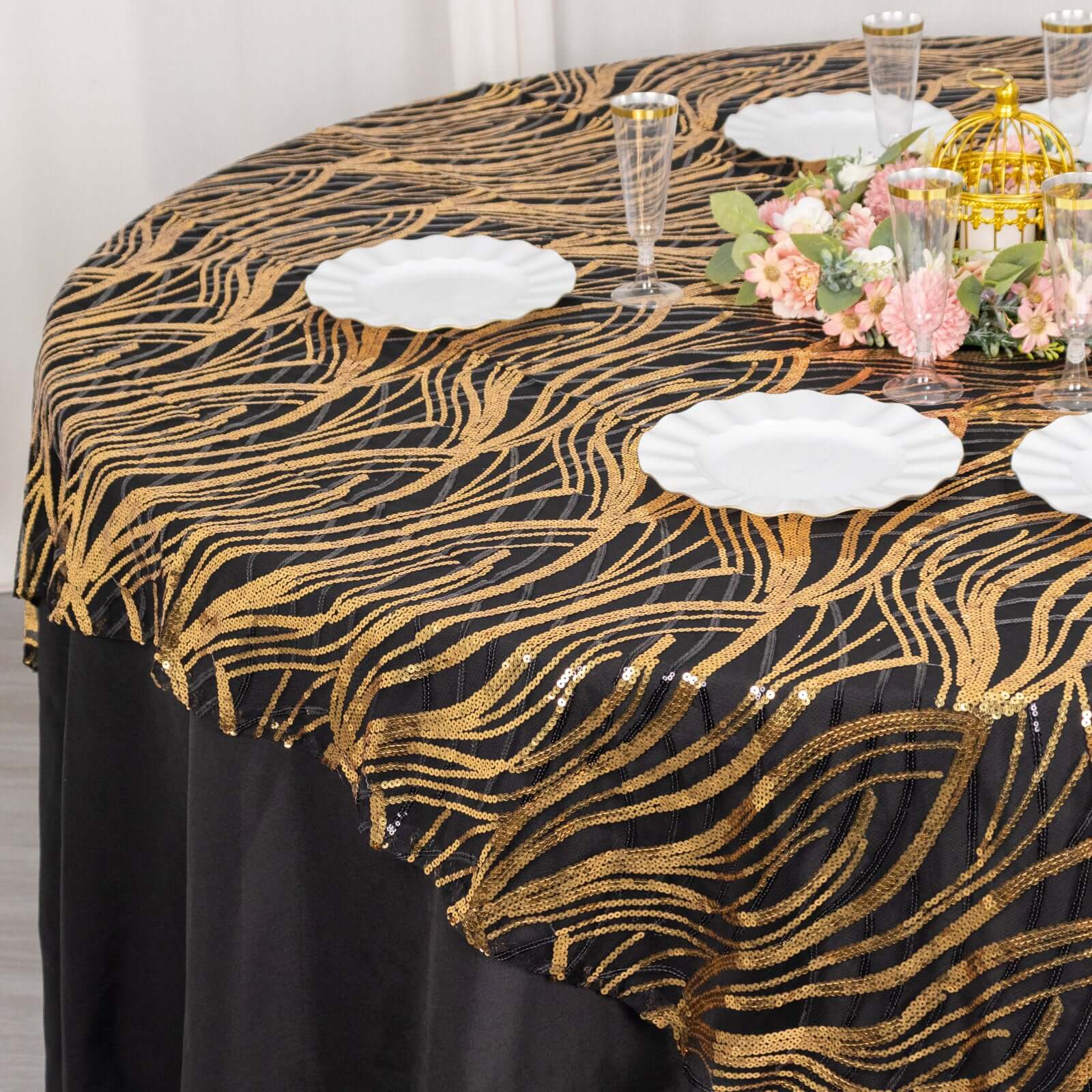 Black Gold Square Mesh Table Overlay with Wave Embroidered Sequins - Exclusive Offer