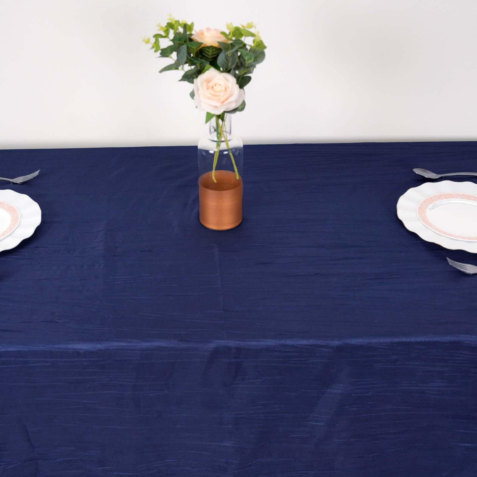 Navy Blue Crinkle Taffeta Rectangle Tablecloth (90x132) - Seamless & Stylish for Events