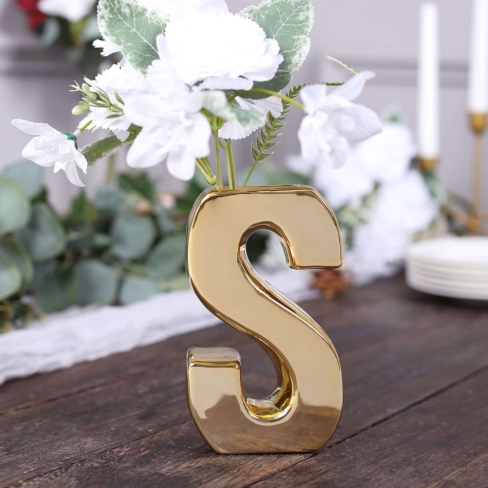 Gold-Plated Shiny Ceramic Letter S Vase - Stylish Bud Planter for Events and Decor