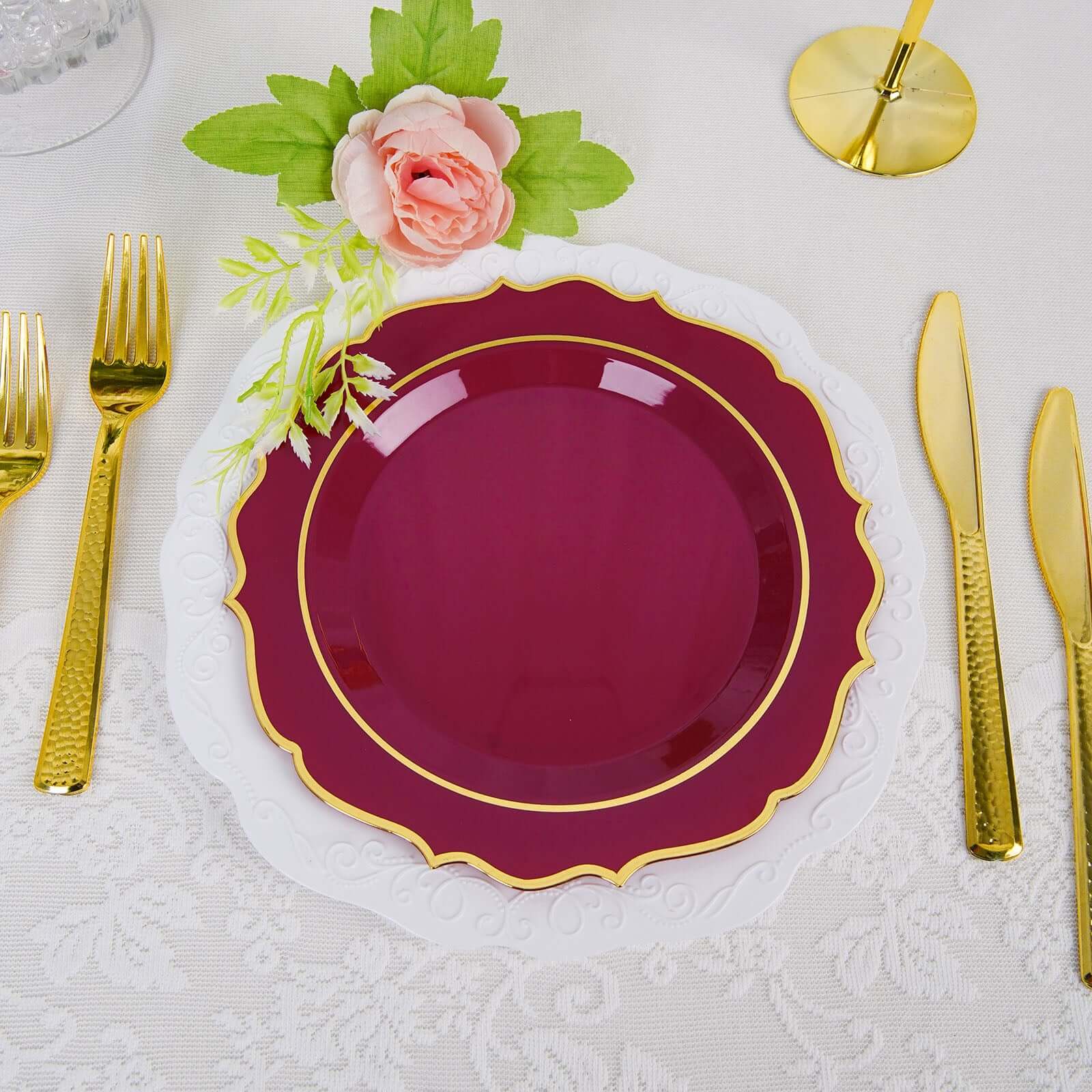 10-Piece Set of Disposable Burgundy Plastic Round Desert Plates with Gold Scalloped Rim, 8-Inch