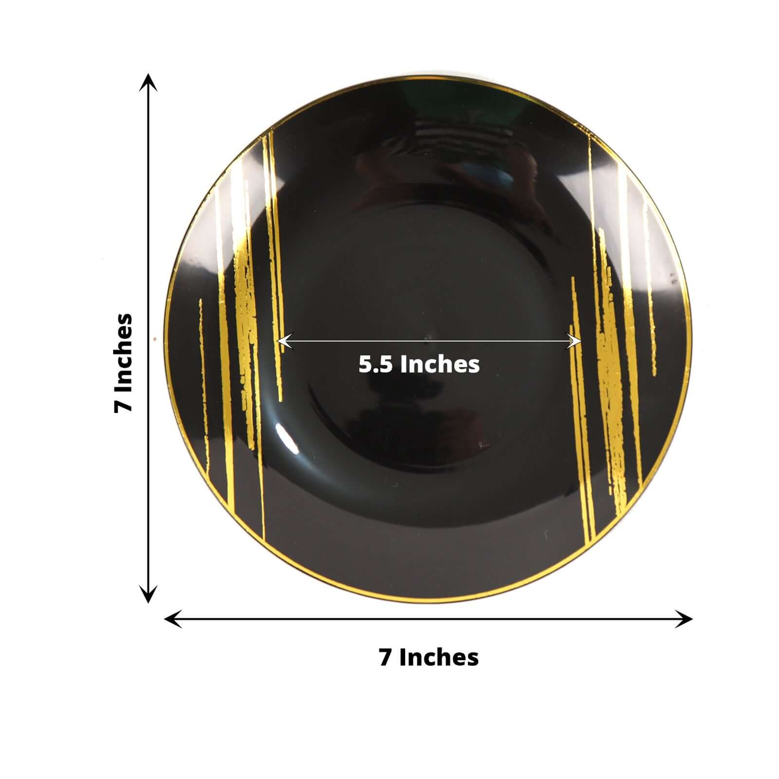10-Piece Set of Disposable Black Plastic Dessert Plates with Gold Brush Print for Modern Events