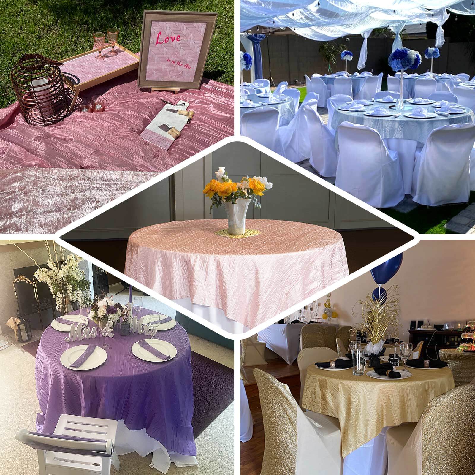 Gold Accordion Crinkle Design 72x72 Square Taffeta Table Overlay for Stylish Events