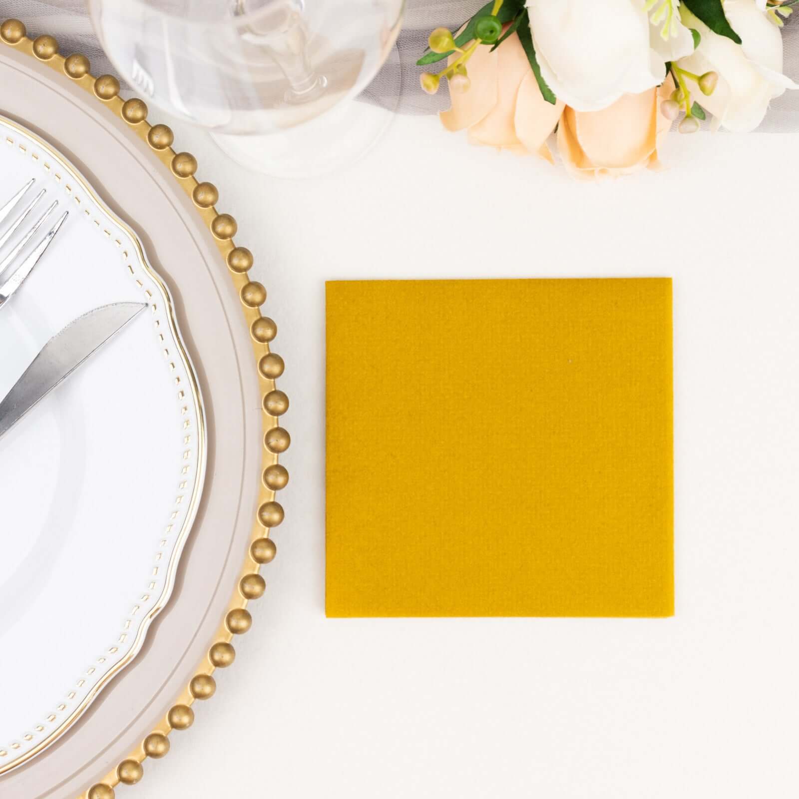20-Piece Pack of 5x5 Gold Linen-Like Airlaid Beverage Napkins - Super Absorbent & Disposable