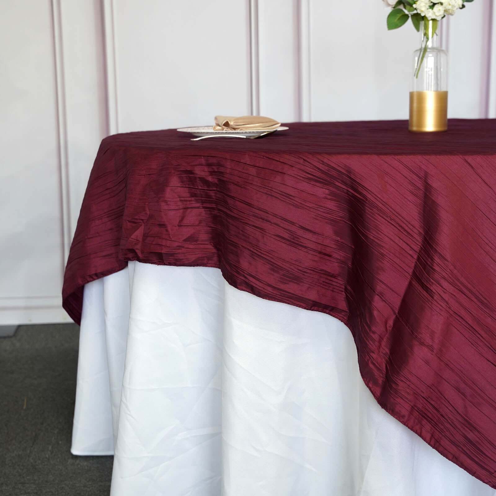 Burgundy 90x90 Square Crinkle Taffeta Accordion Table Overlay Tablecloth
