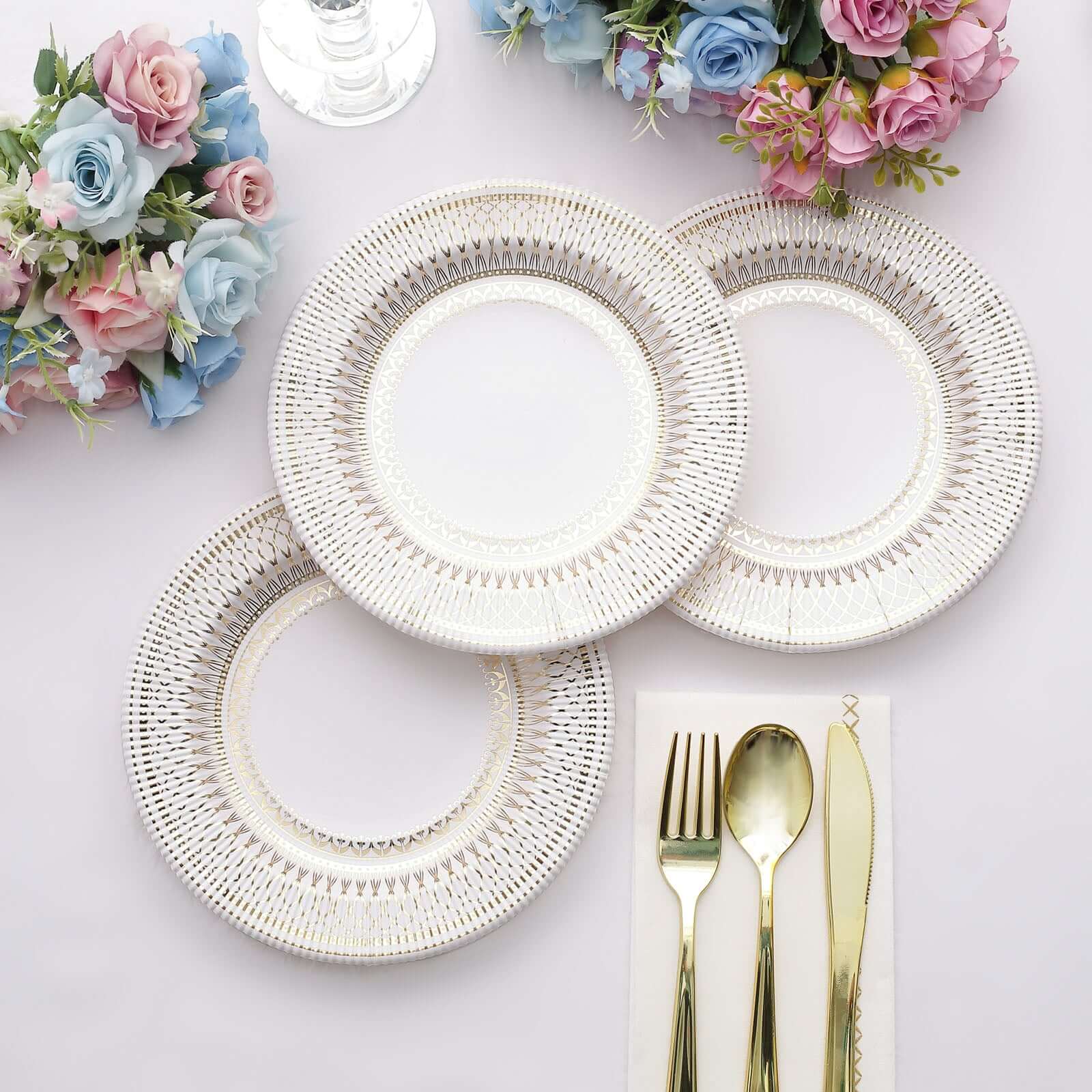 25-Pack Disposable 8-Inch White Salad Plates with Gold Vintage Porcelain Rim - Premium Quality