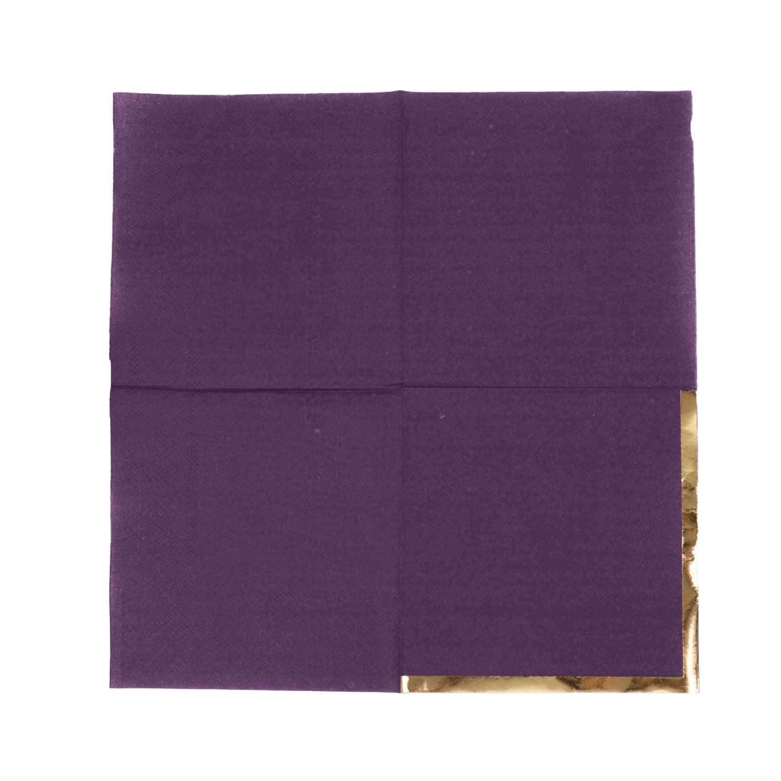 50-Piece 2-Ply Disposable Soft 18GSM Purple Cocktail Napkins with Gold Foil Edge, 5x5