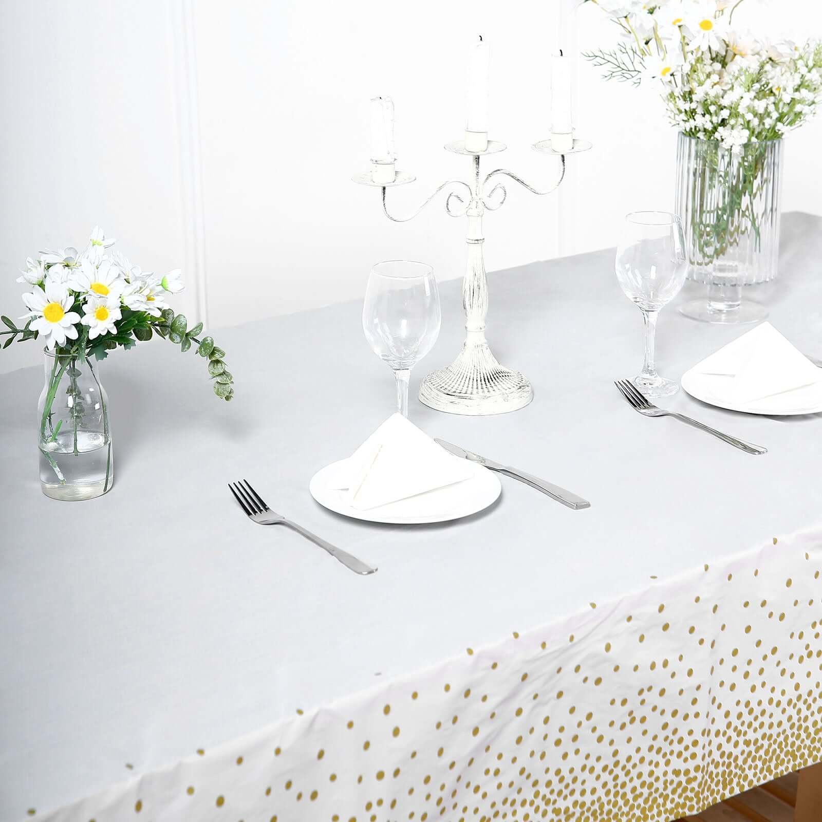 5-Pack Disposable PVC White Rectangle Table Covers with Gold Confetti Dots - Ideal for Events