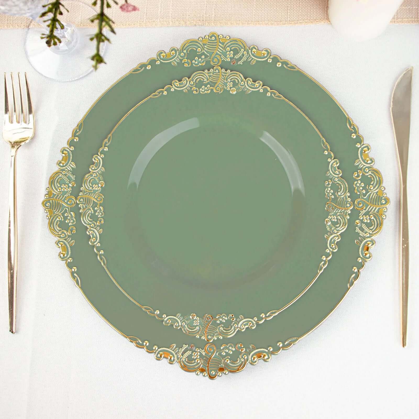 10-Pack Disposable Vintage Baroque Style Plastic Round Salad Dessert Plates in Dusty Sage Green with Gold Leaf Rim