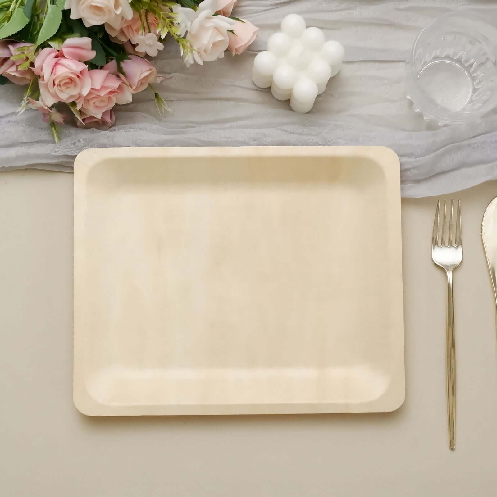 12-Pack Natural Birchwood 8x10 Rectangle Disposable Dinner Plates - Ideal for Farmhouse Events