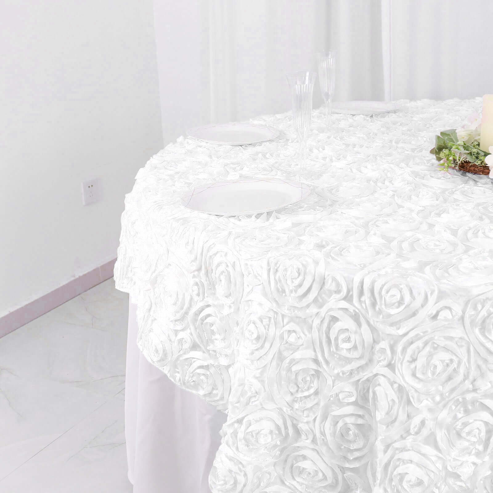 Stylish White Satin 72x72 Square Table Overlay with 3D Rosette Design for Special Occasions