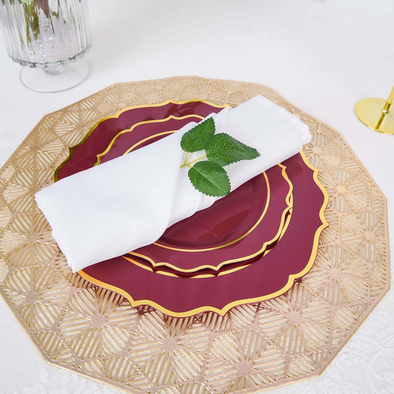 10-Piece Set of Disposable Burgundy Plastic Round Desert Plates with Gold Scalloped Rim, 8-Inch