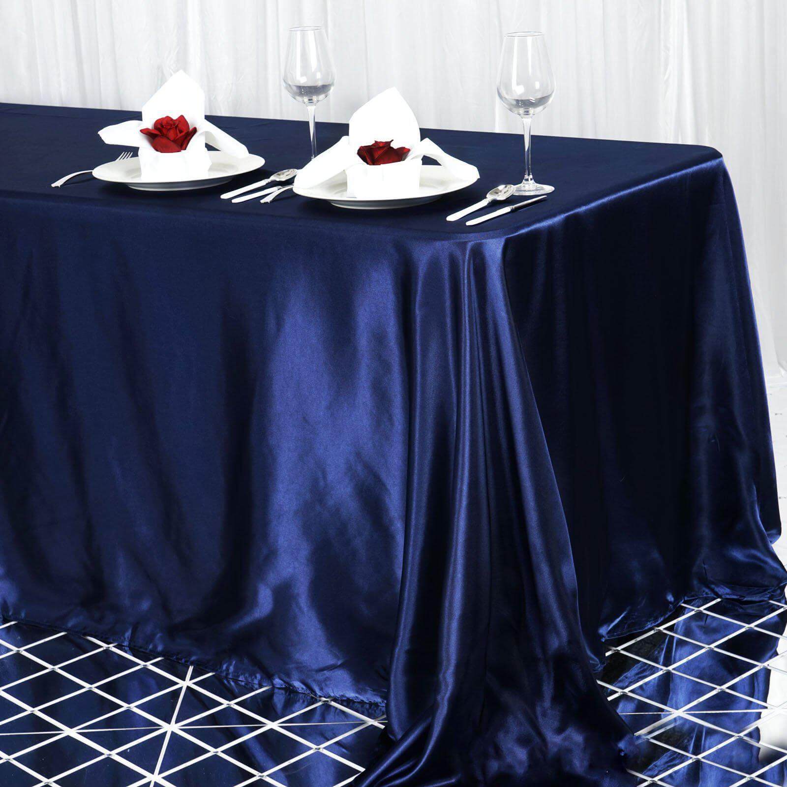 Navy Blue Seamless Satin Tablecloth 90x156 - Perfect for Events