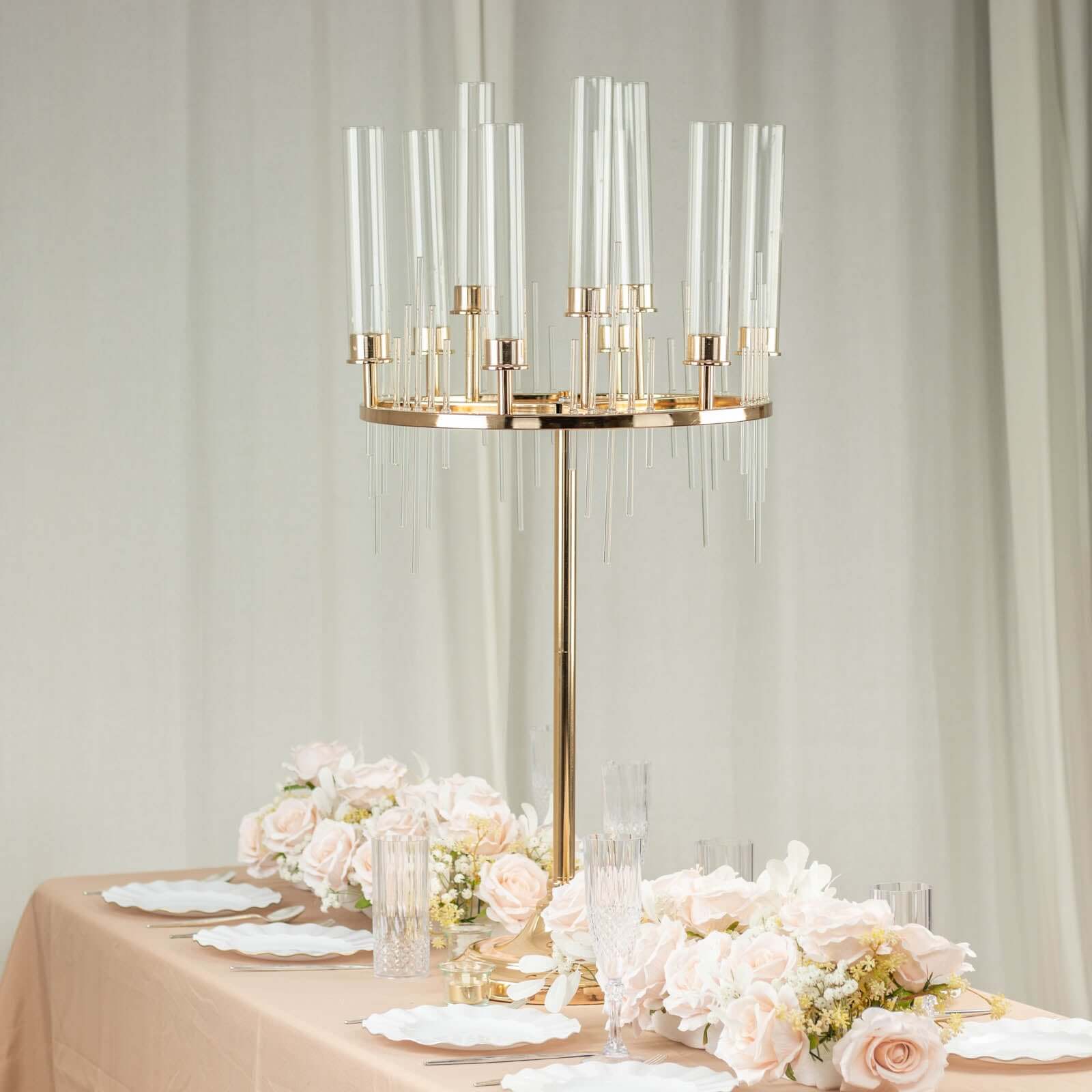 Gold 9-Arm Round Cluster Taper Candelabra Table Centerpiece with Drip Accents and Glass Shades
