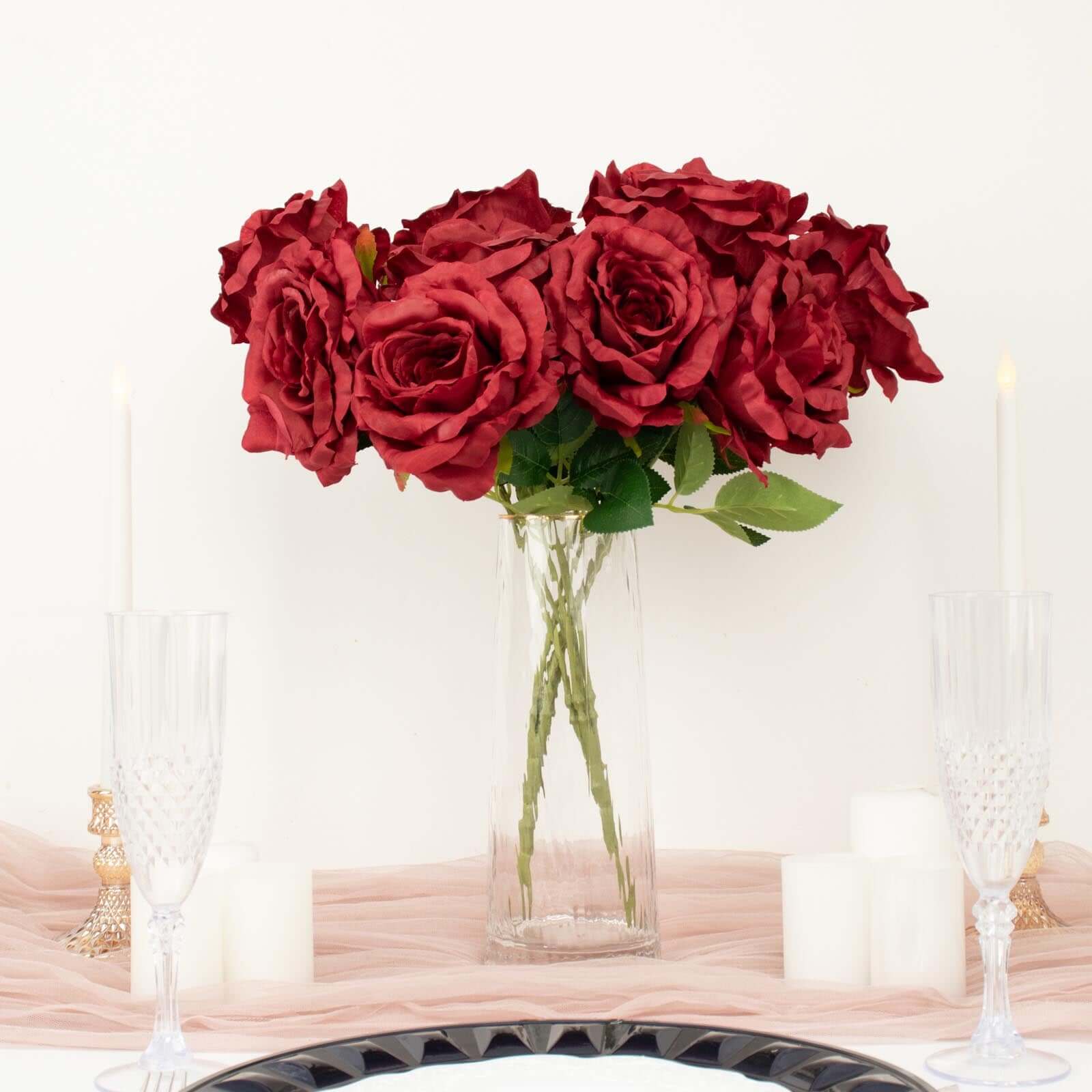 Premium Artificial Burgundy Silk Jumbo Rose Flower Bouquet for Weddings and Decorations