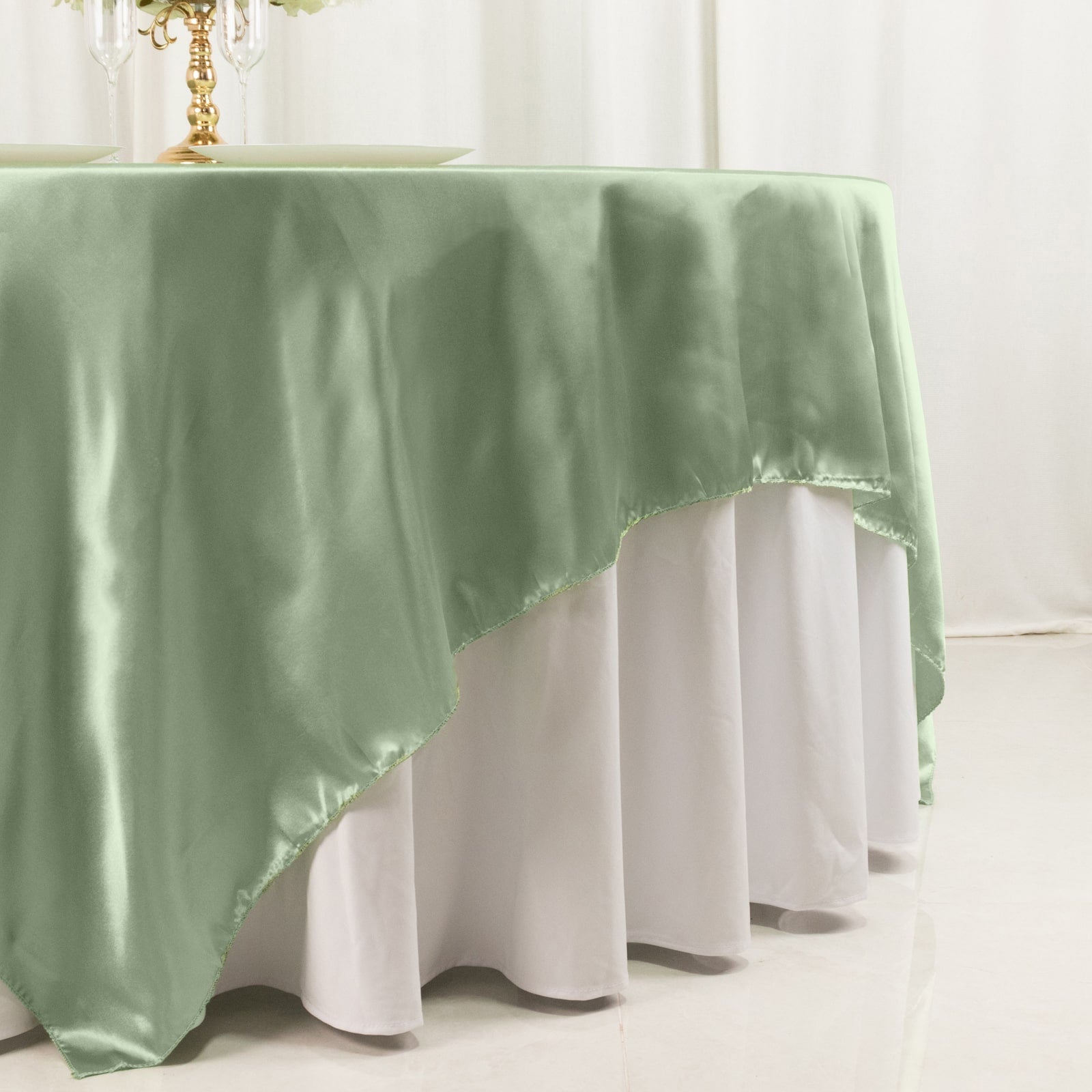 Sage Green Satin Square Table Overlay 90x90 - Smooth Finish Table Topper