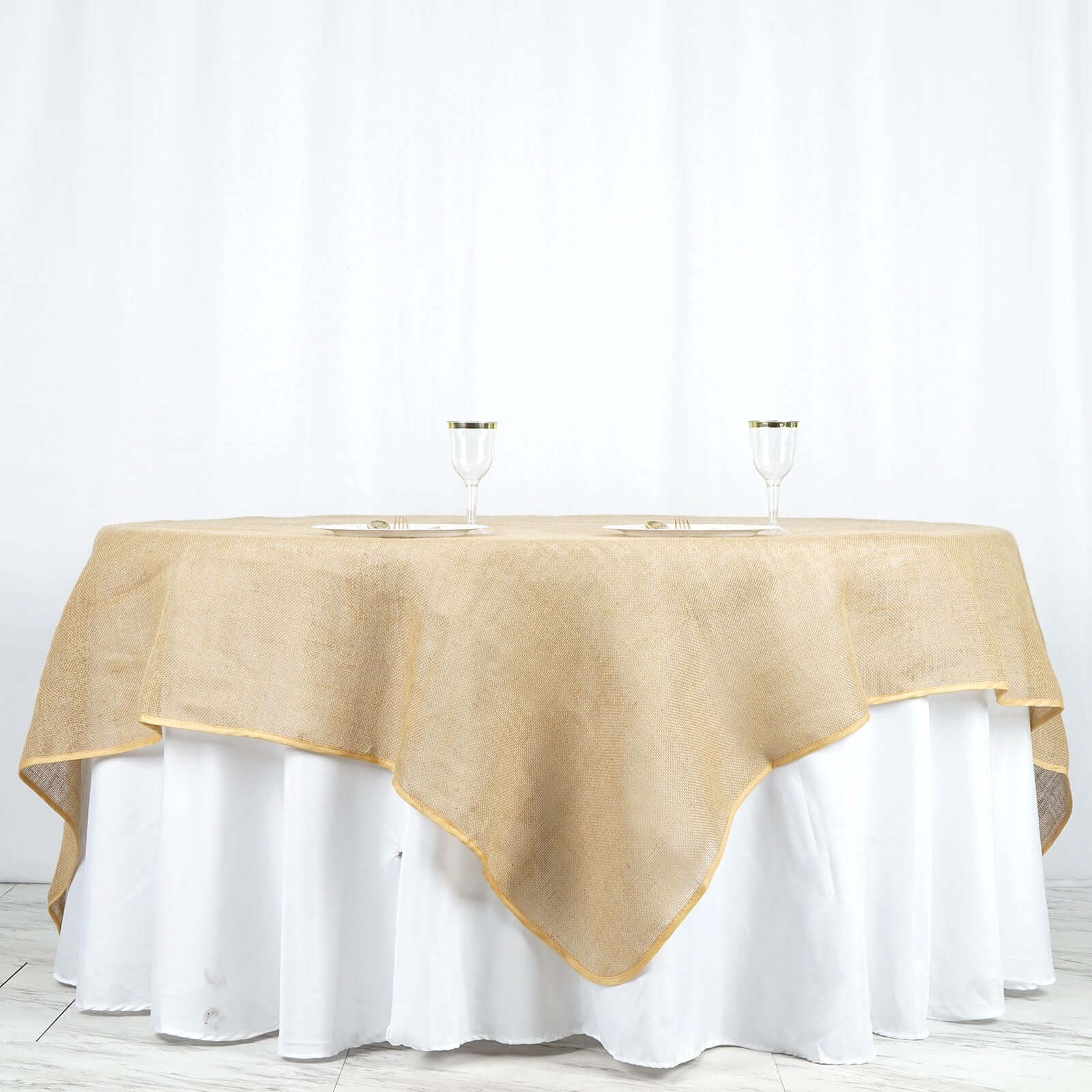 Natural Burlap 90x90 Square Table Overlay - Perfect for Vintage Celebrations