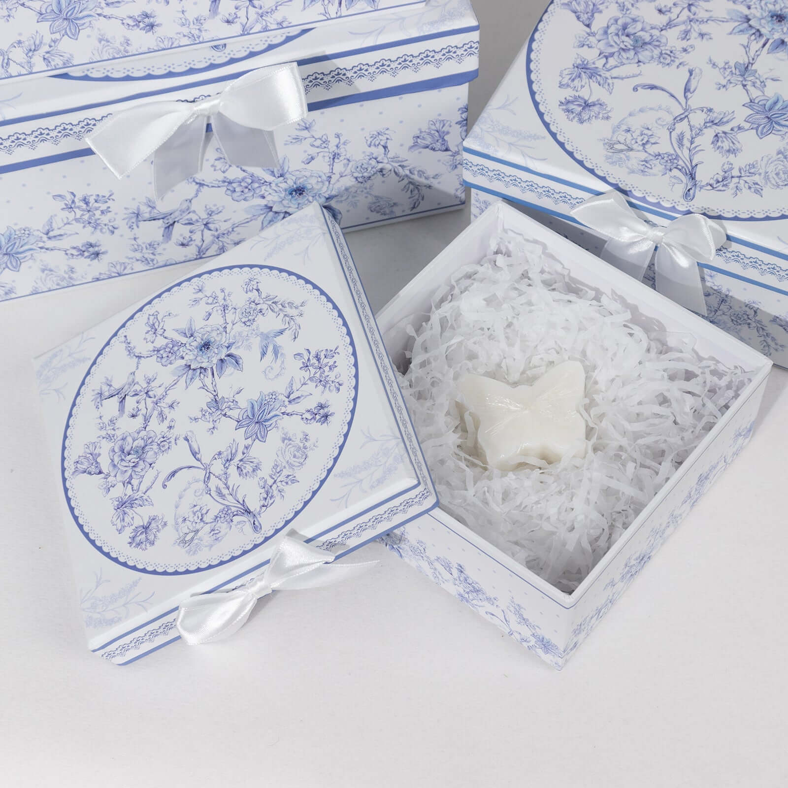 Hot! Set of 4 White & Blue French Toile Cardstock Nesting Gift Boxes - Stackable & Reusable