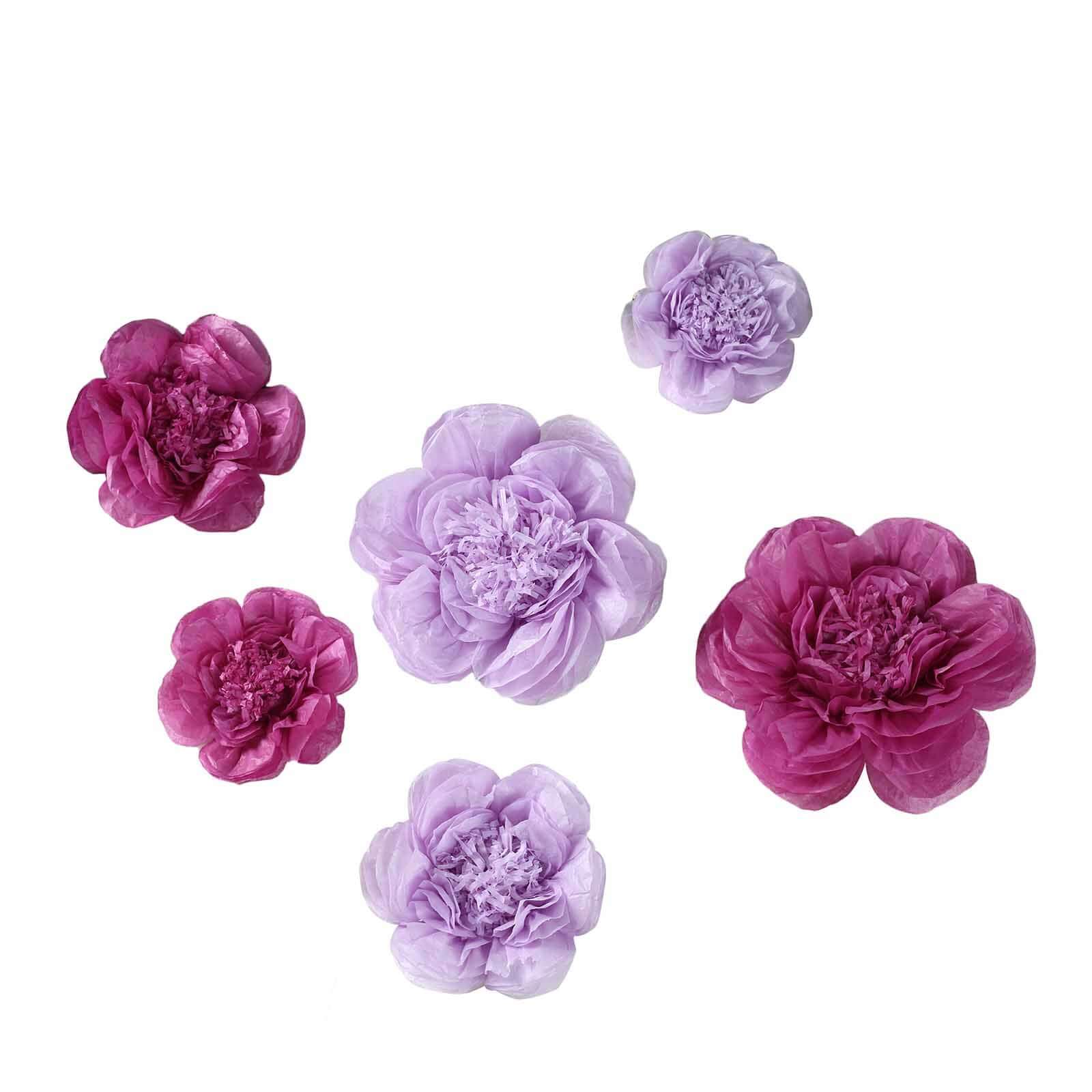 6-Piece Set of Stunning 3D Paper Peony Wall Decor in Lavender and Eggplant, Sizes 12', 16', 20'