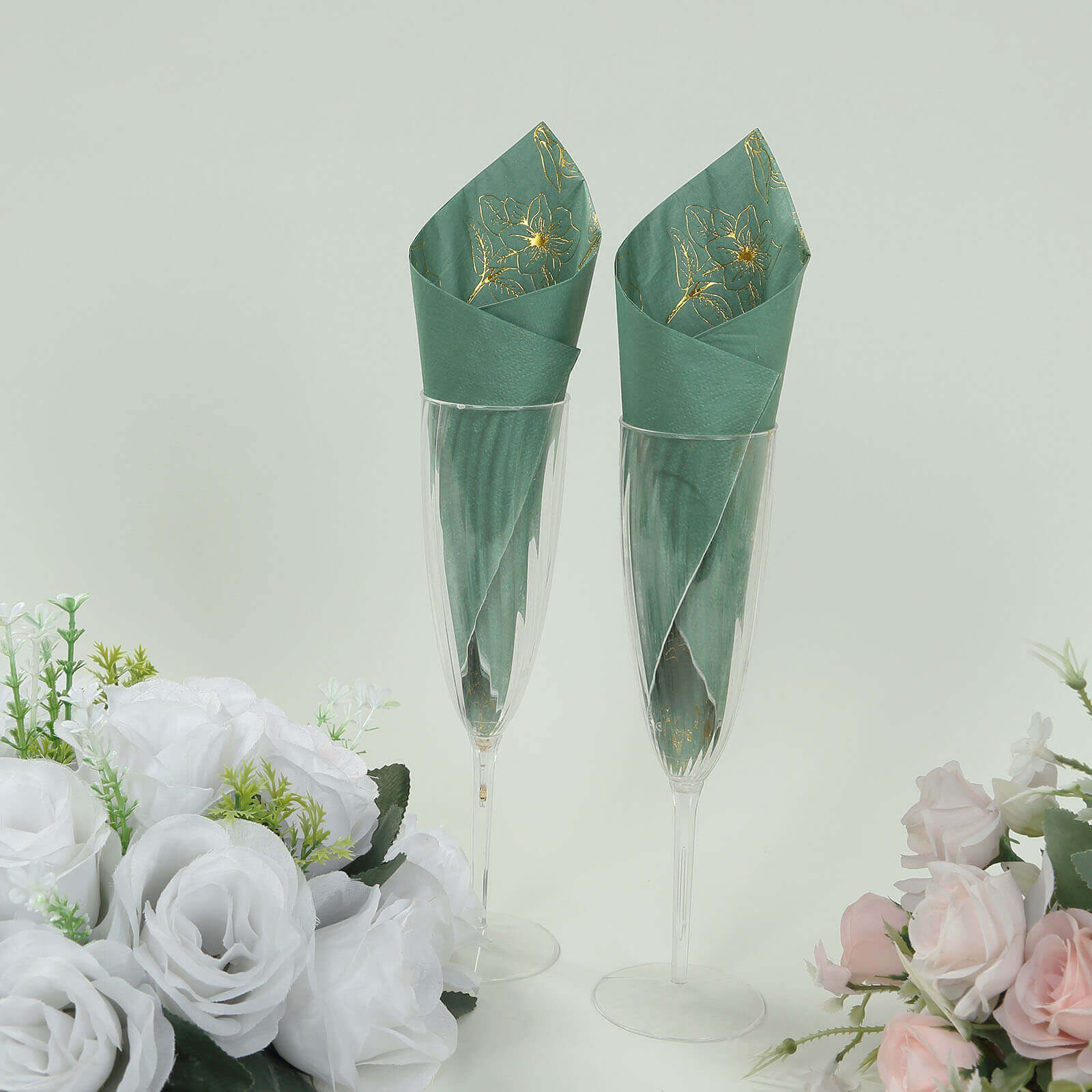 Get 50-Pack 2-Ply Absorbent Paper Cocktail Napkins with Gold Magnolia Prints in Dusty Sage Green