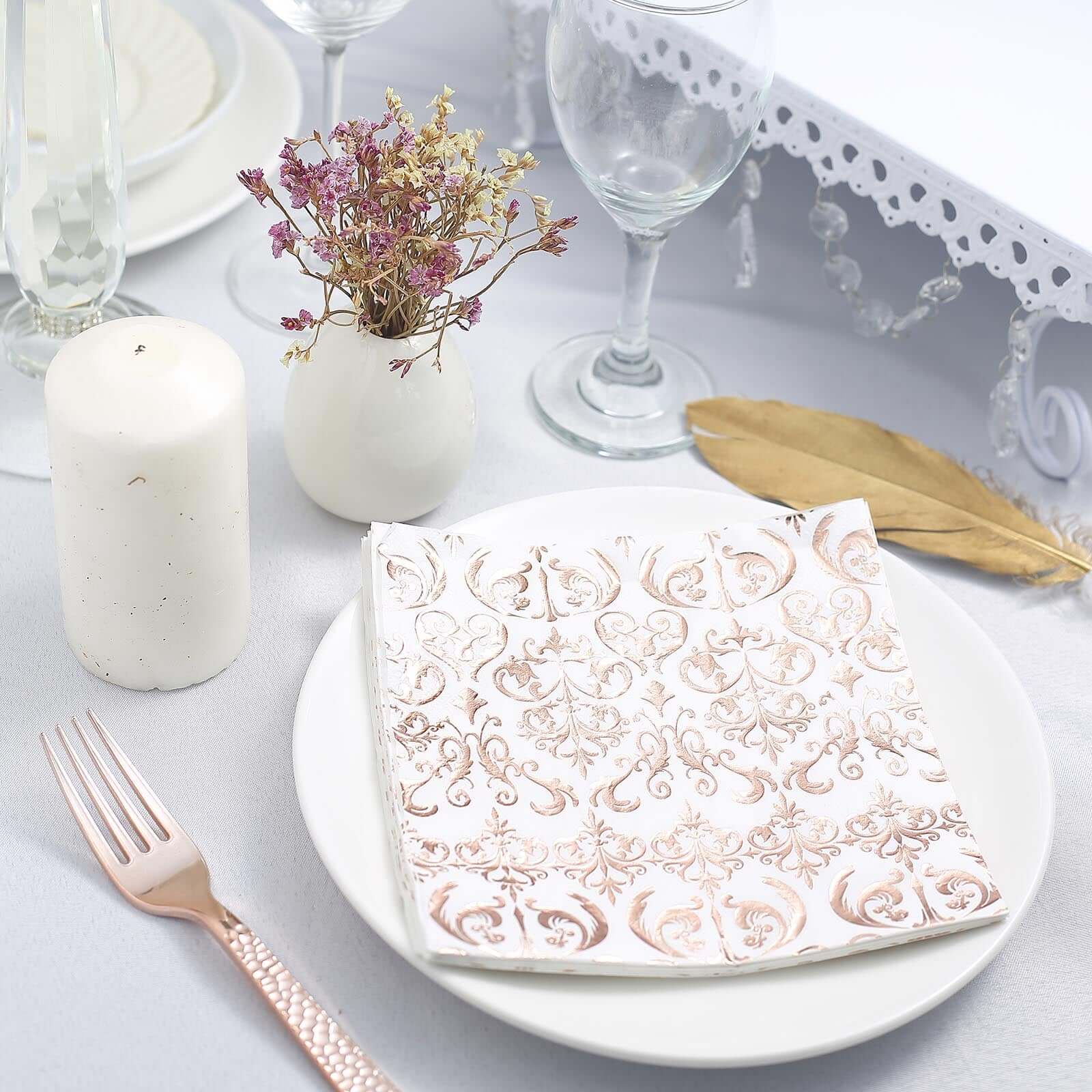 20-Pack Disposable 3-Ply Vintage Rose Gold Metallic Print Paper Dinner Napkins for Weddings