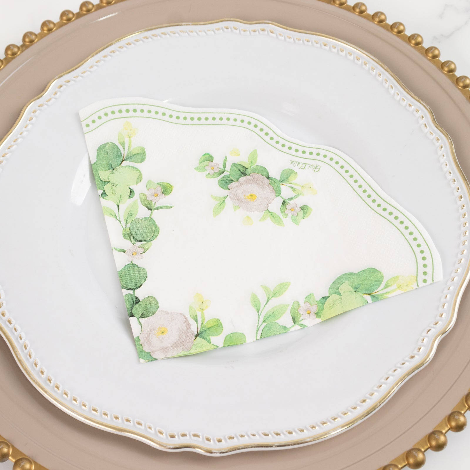 Hot! 25-Pack Disposable 2-Ply Round White Paper Cocktail Napkins with Floral Greenery & Scalloped Edge