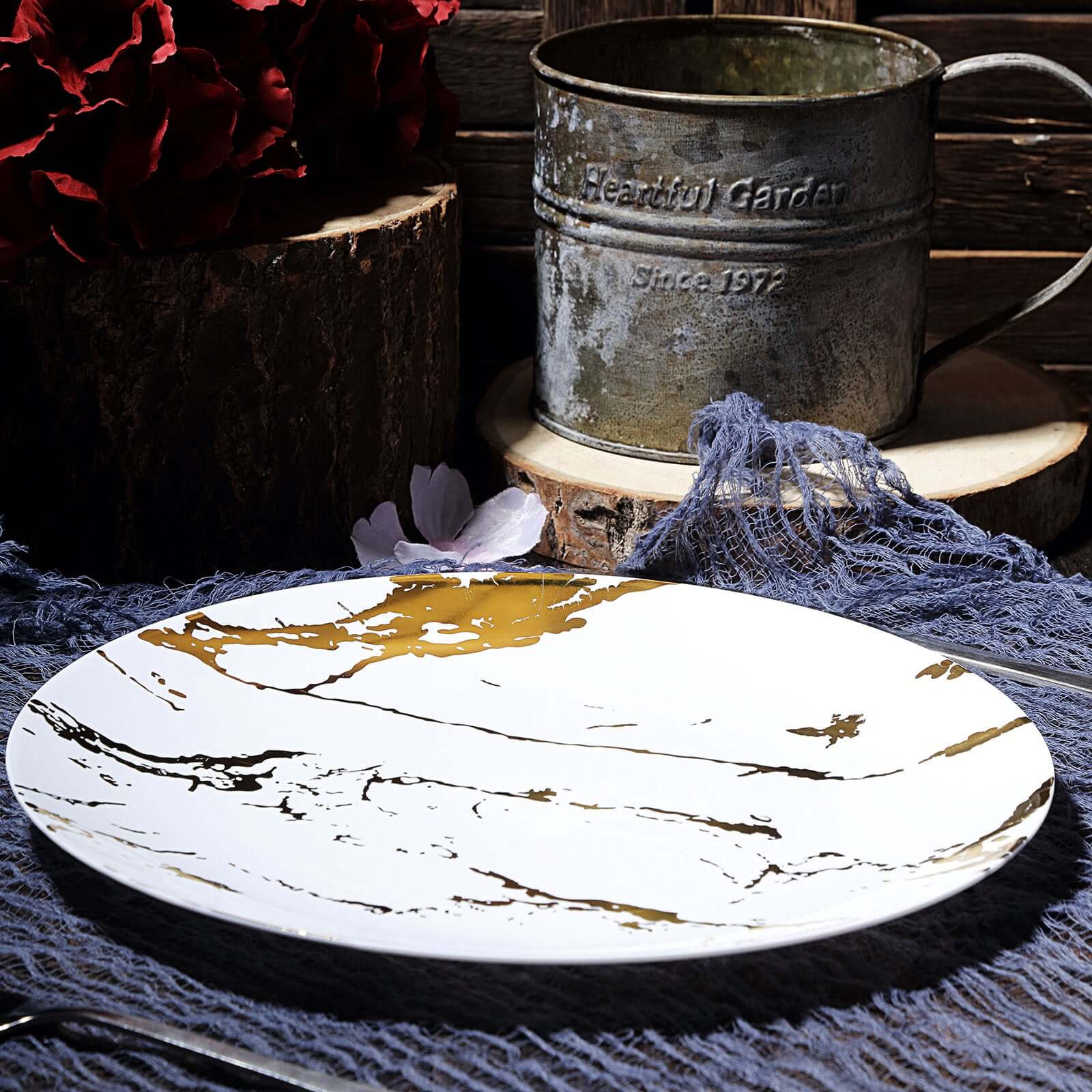10-Piece Set of White Plastic Round Dinner Plates with Gold Marble Print for Elegant Parties
