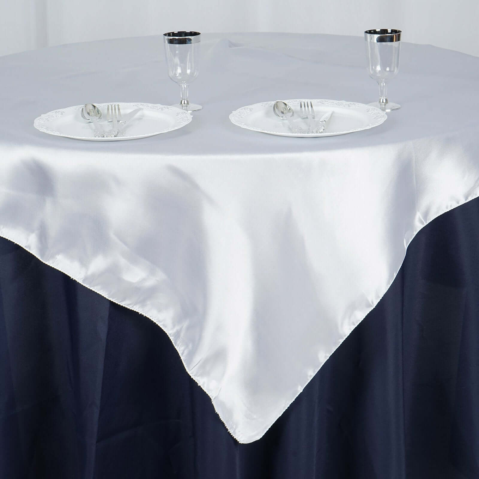 Premium White Satin 60x60 Square Table Overlay - Ideal for Elegant Events
