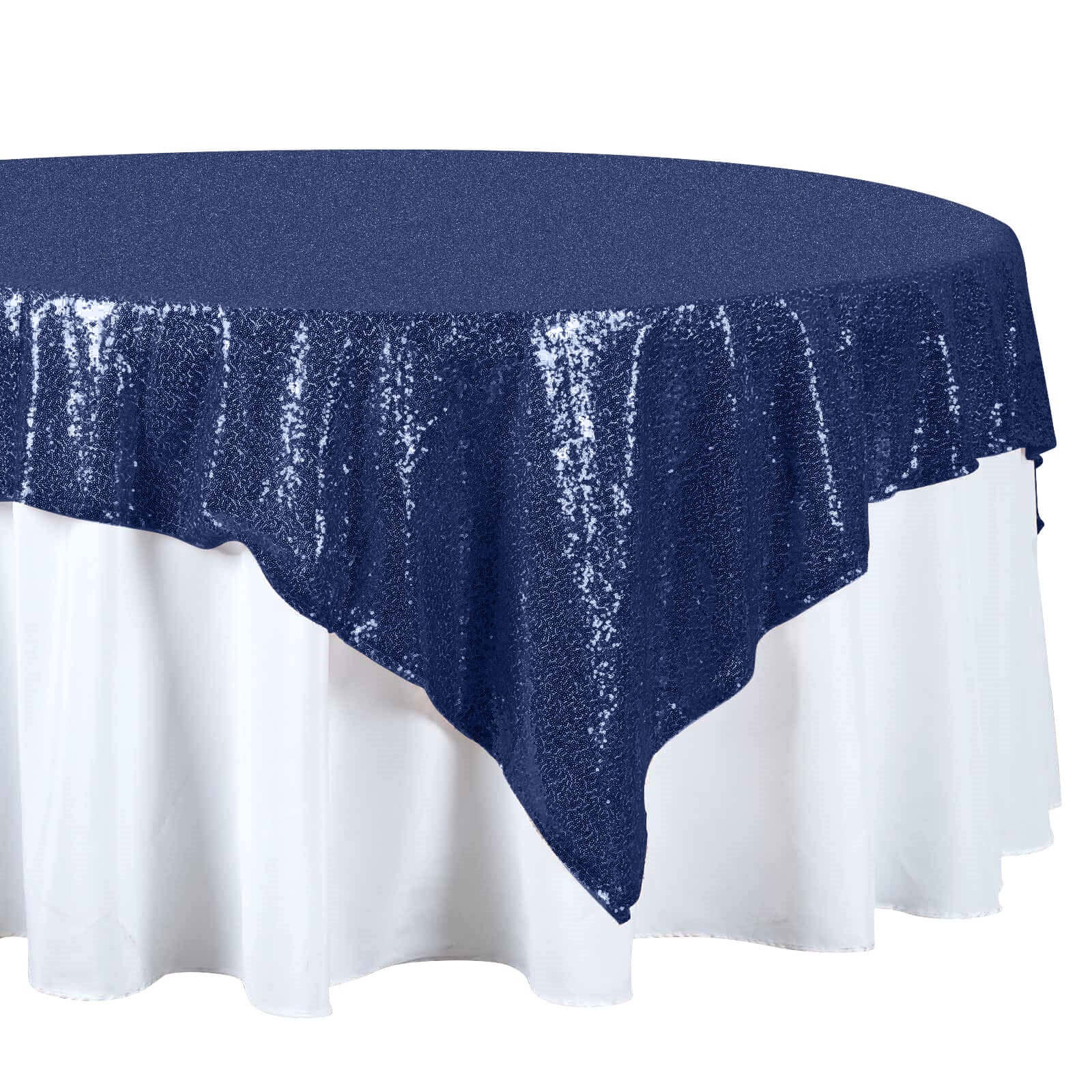 Navy Blue Sparkly Sequin Square Table Overlay - 72x72 Tablecloth for a Glamorous Look