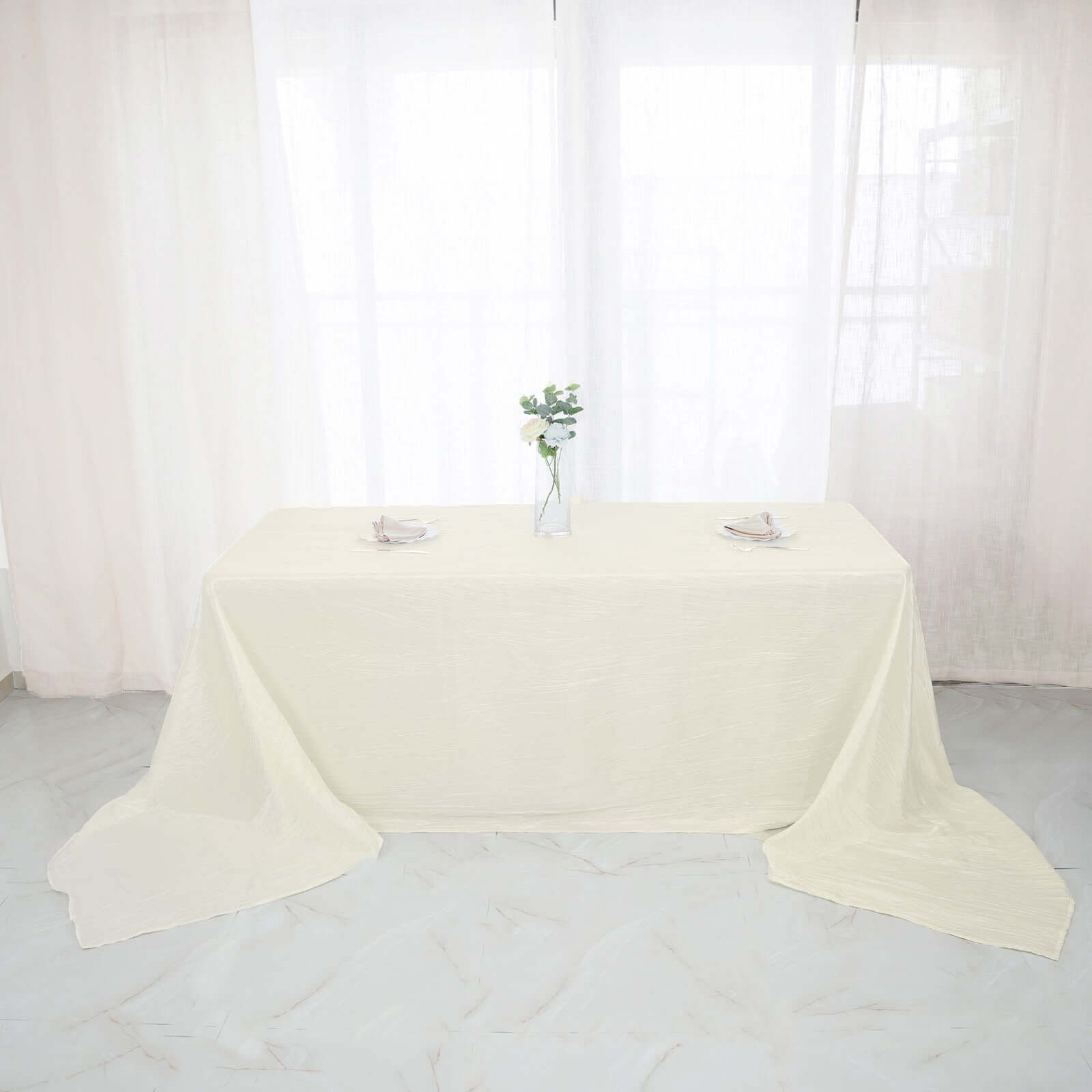 Ivory Crinkle Taffeta Rectangle Tablecloth 90x156 - Seamless Accordion Design