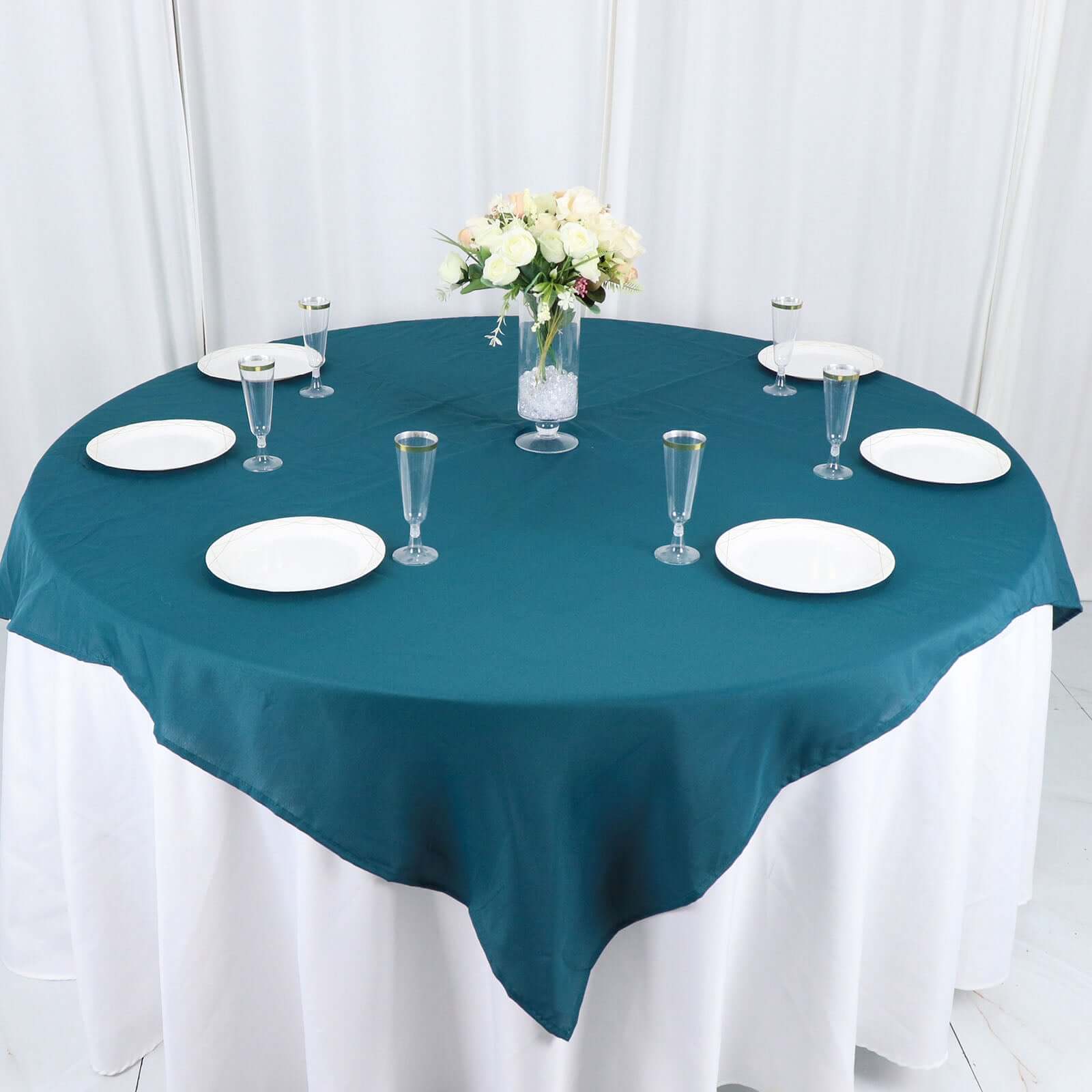 Wrinkle-Resistant & Durable Peacock Teal Polyester Square Table Overlay Tablecloth, 54x54