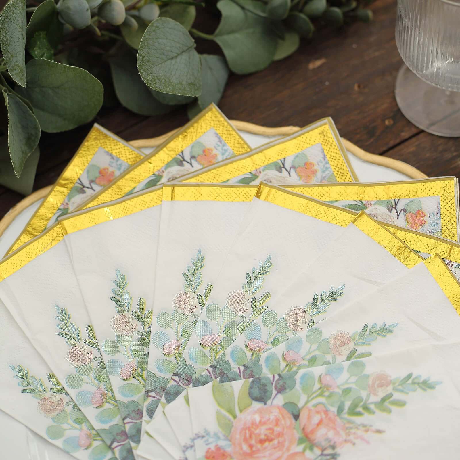 20-Pack 18GSM 2-Ply Wedding Paper Cocktail Napkins with Pink Peony Floral & Gold Trim