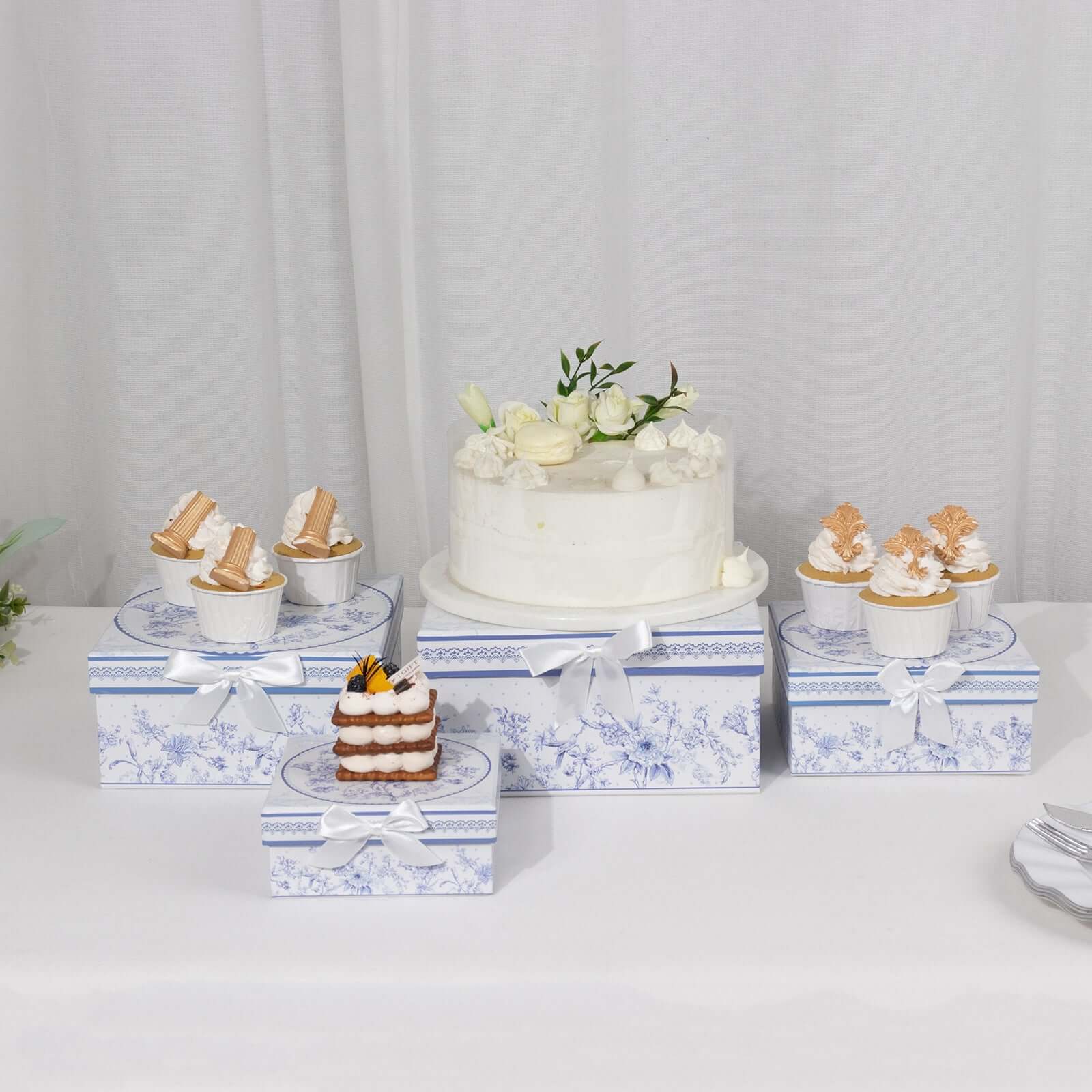 Hot! Set of 4 White & Blue French Toile Cardstock Nesting Gift Boxes - Stackable & Reusable