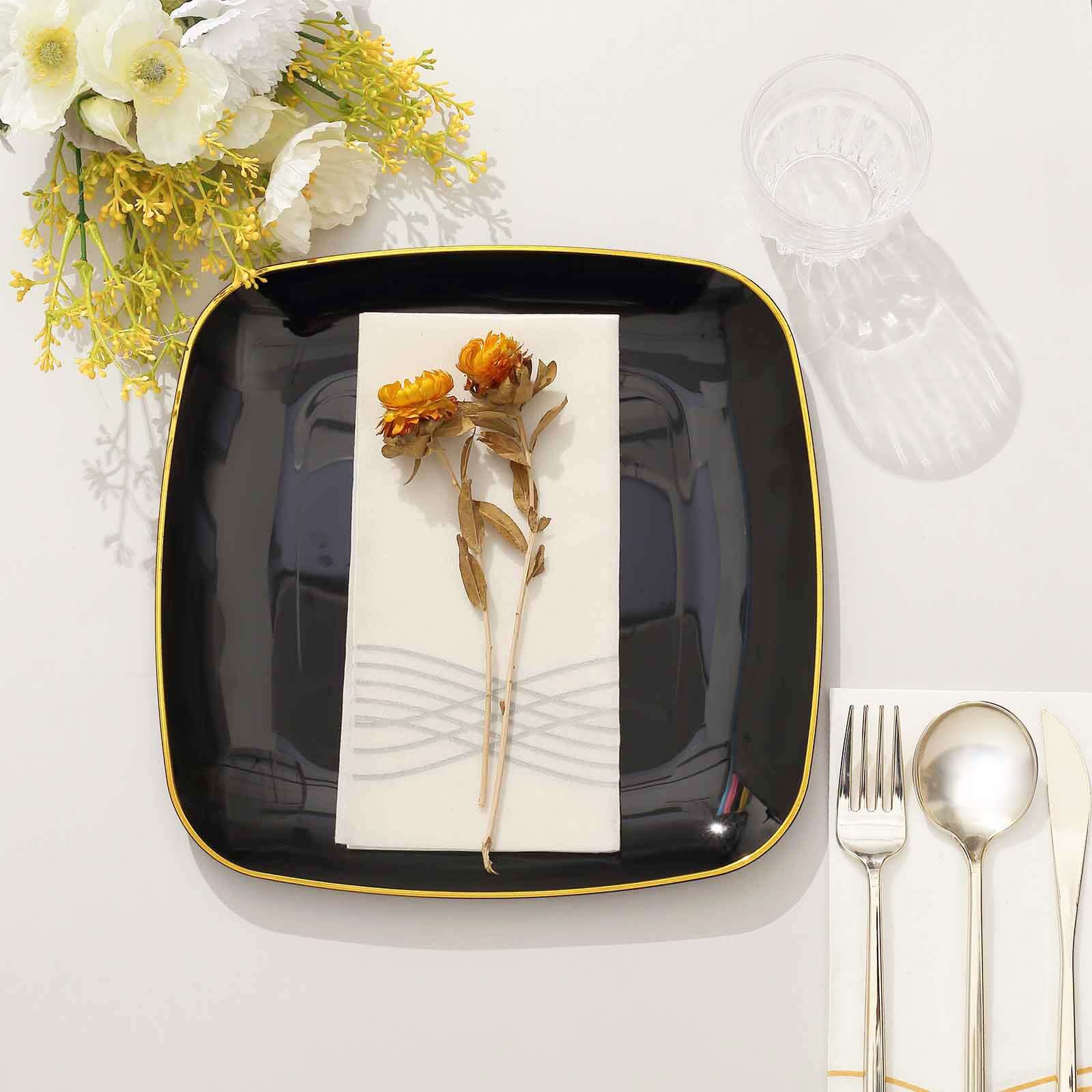 10-Pack Classy Disposable Black Plastic Dinner Plates with Gold Rim, 10 Square