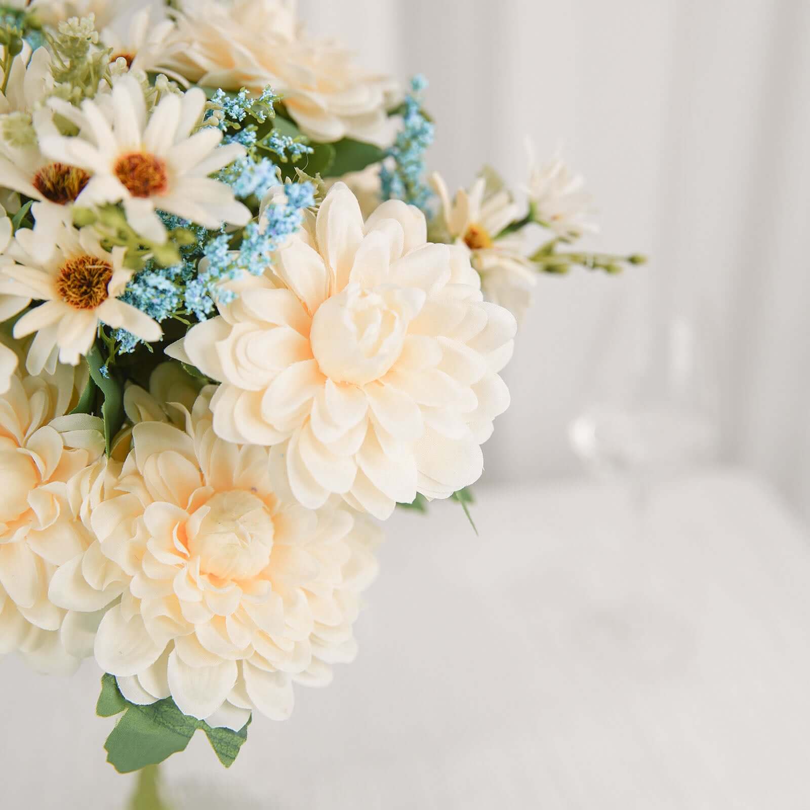 Hot Sale! 2 Bushes Artificial Silk Ivory and Blue Dahlia Flower Bouquet Spray for Decor
