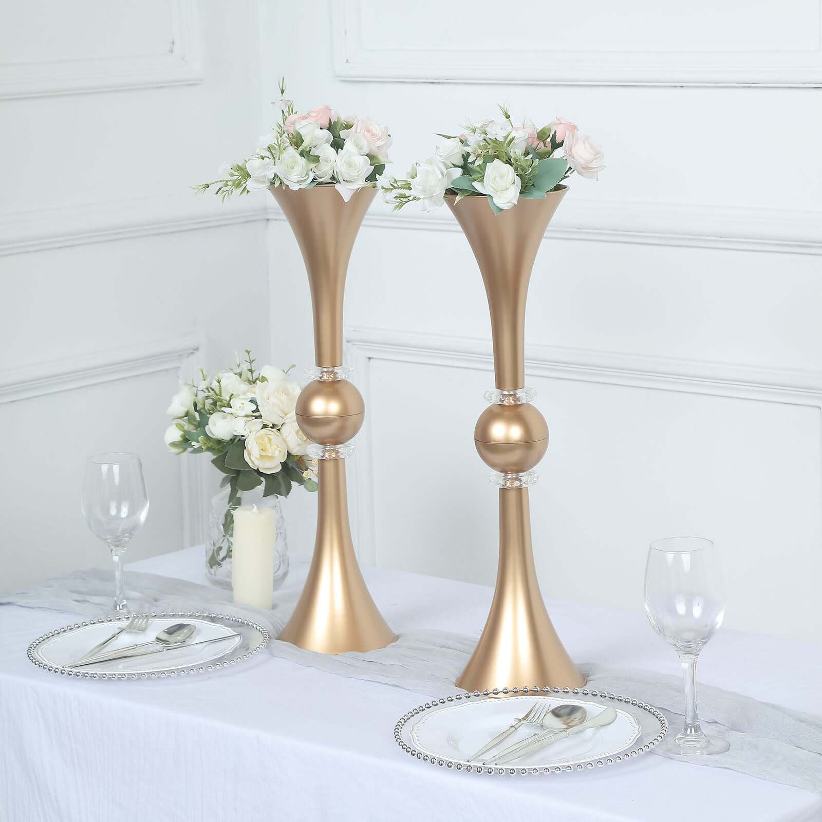 Hot Deal! 2-Pack Gold Reversible Plastic Trumpet Flower Vases with Crystal Embellishments, 21
