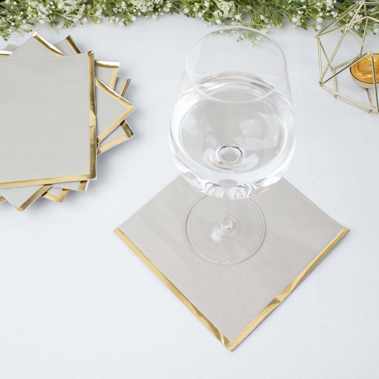 Hot! 50-Pack Disposable 2-Ply Gray Cocktail Napkins with Gold Foil Edge, 6.5x6.5