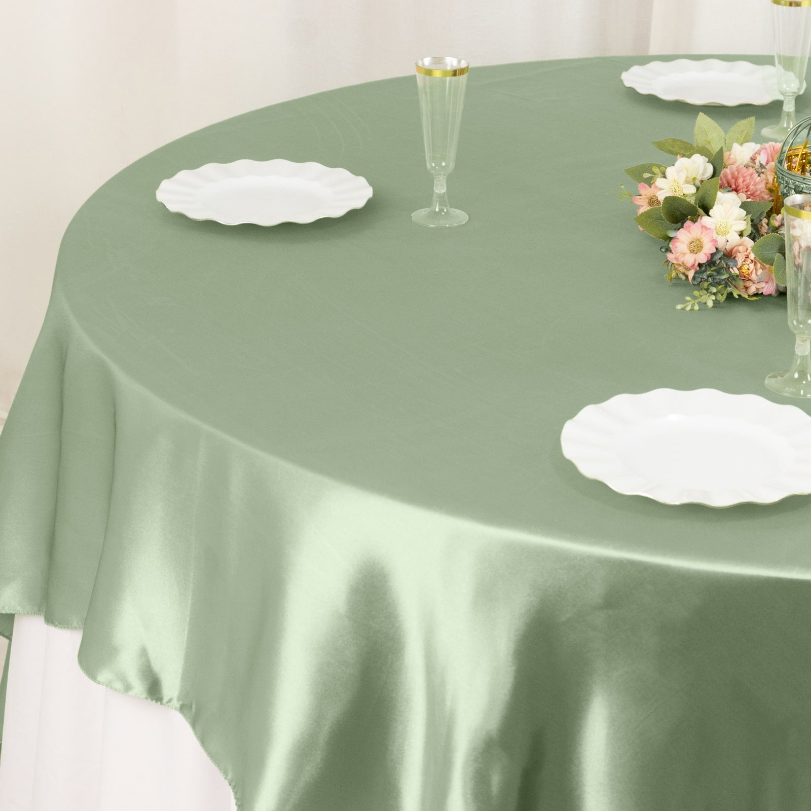 Sage Green Satin Square Table Overlay 90x90 - Smooth Finish Table Topper