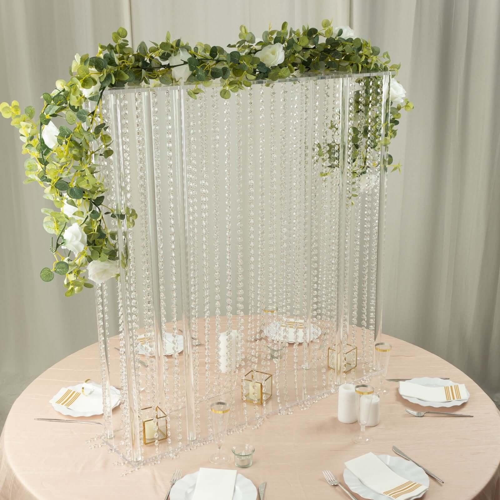 Clear Acrylic Rectangular Centerpiece Stand with Pre - chained Crystal Beads - Durable 40x40 Flower Pedestal