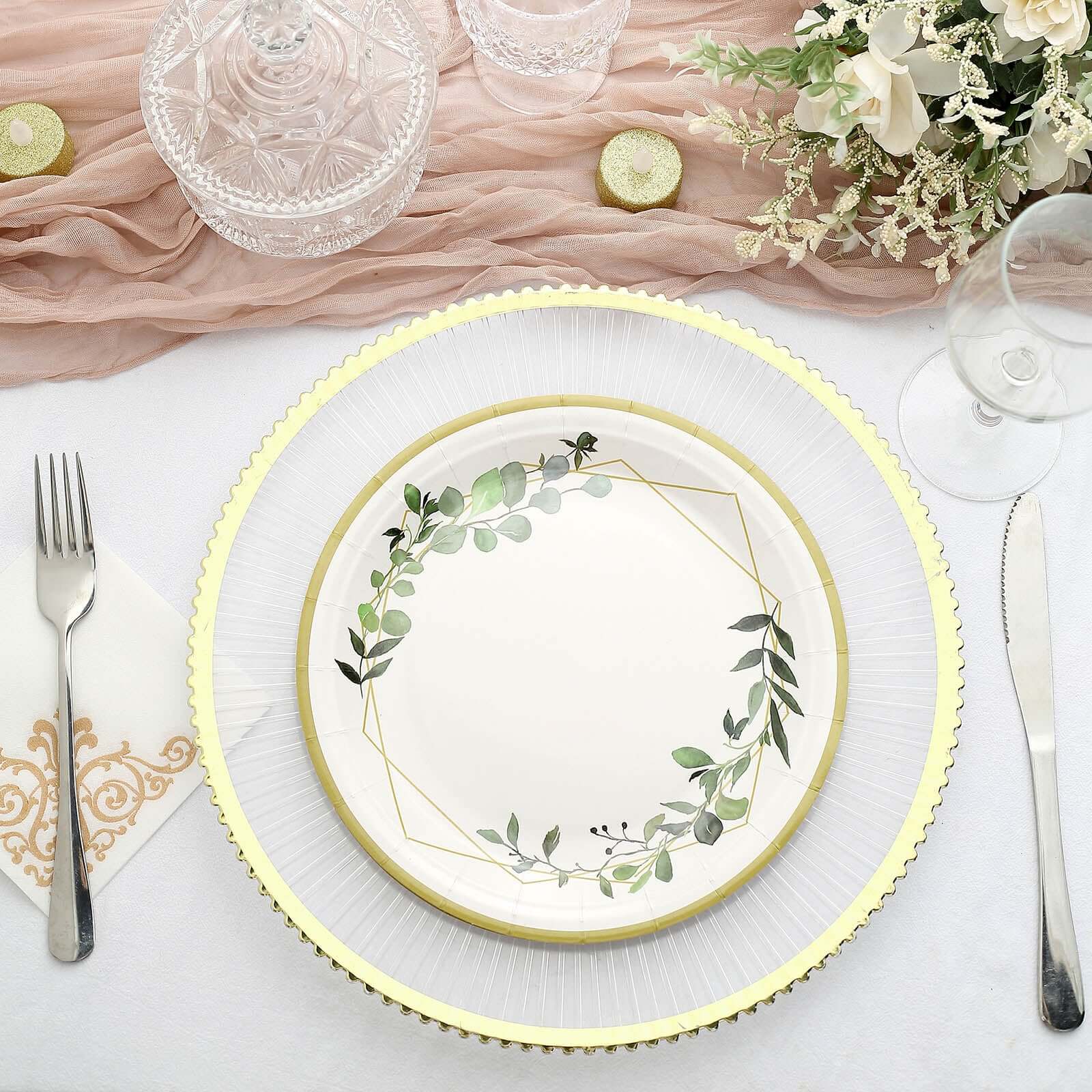 24-Pack 9-Inch White Disposable Paper Dinner Plates with Eucalyptus & Gold Rim