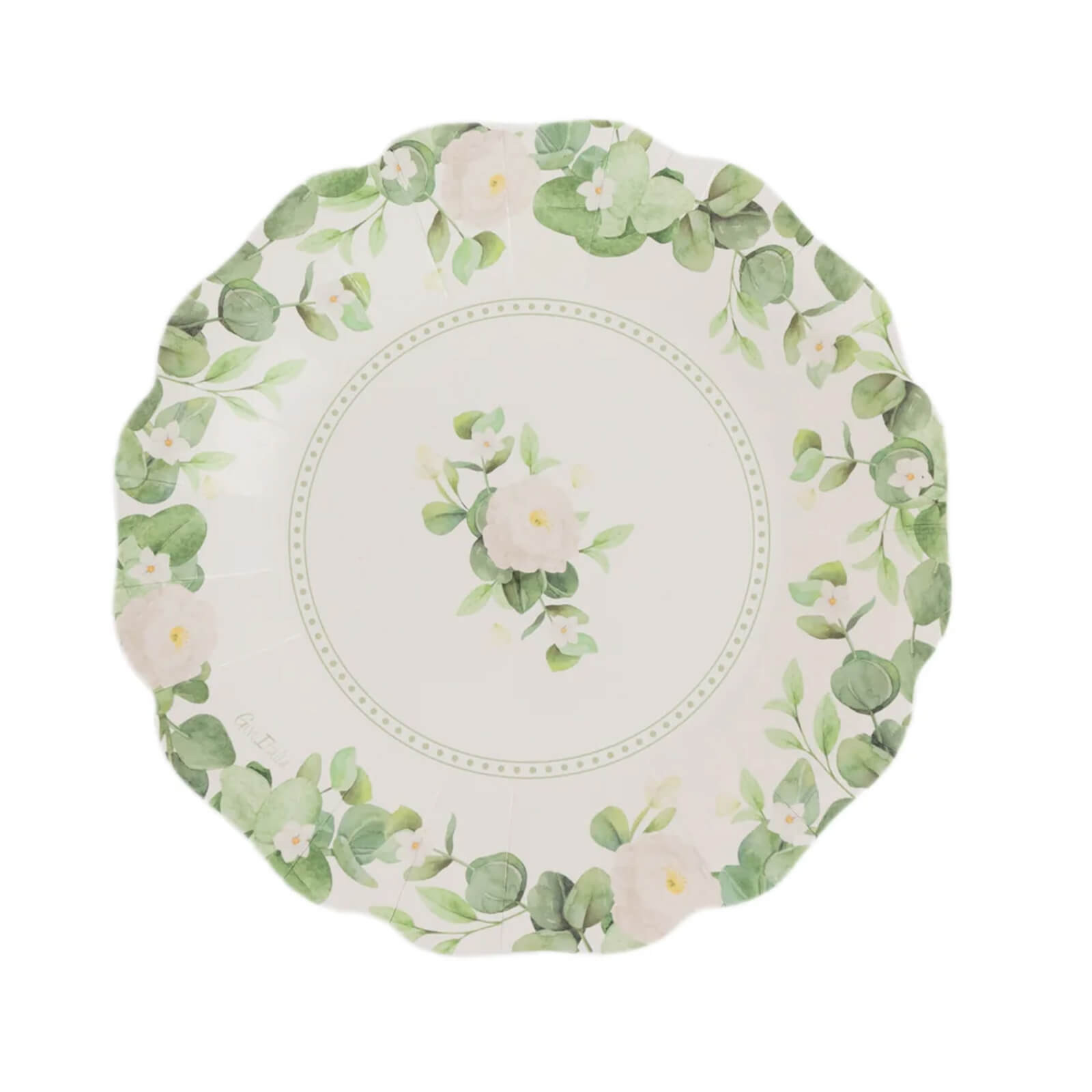 25-Pack 8-Inch White Paper Dessert Plates with Floral Greenery & Scalloped Edges - Ideal for Rustic Weddings and Garden Brunches