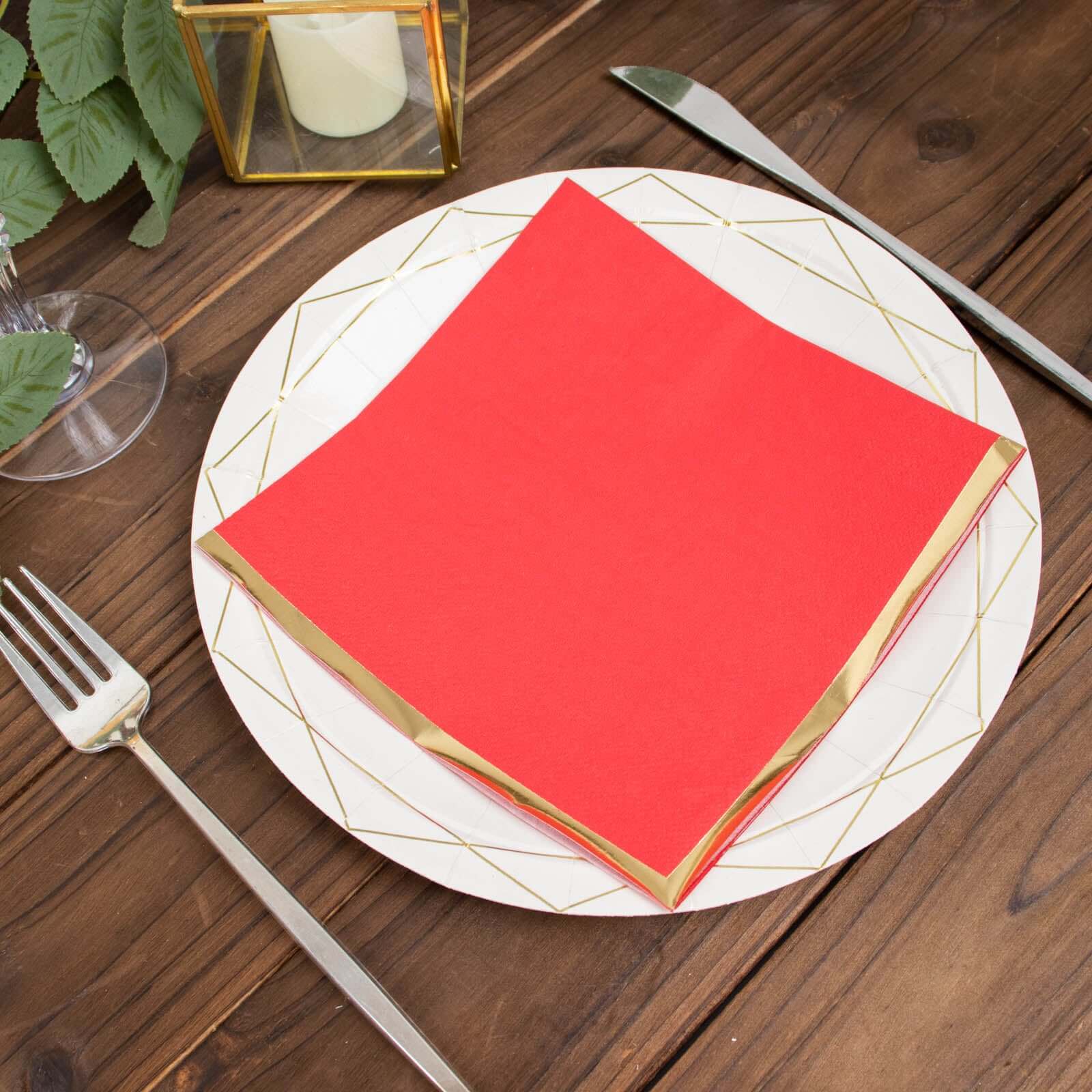 Hot! 50-Pack Red Disposable 2-Ply Cocktail Napkins with Gold Foil Edge, 6.5x6.5