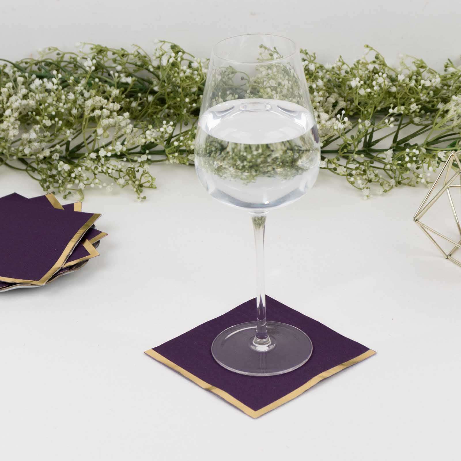 50-Piece 2-Ply Disposable Soft 18GSM Purple Cocktail Napkins with Gold Foil Edge, 5x5