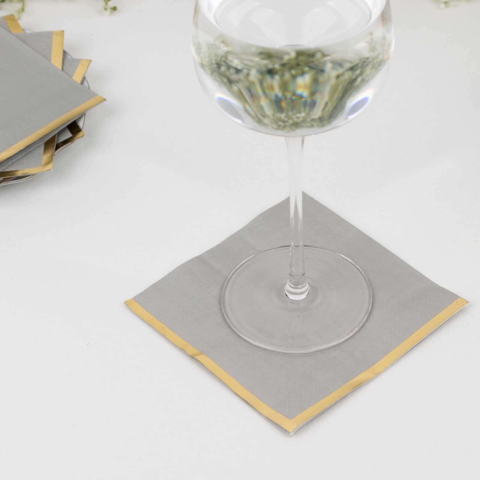 50-Pack 2-Ply Disposable Gray Cocktail Napkins with Gold Foil Edge - Soft 18GSM