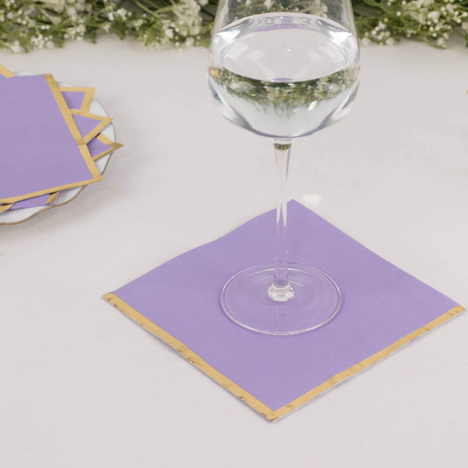 Get 50-Pack Disposable 2-Ply Lavender Cocktail Paper Napkins with Gold Foil Edge for Events