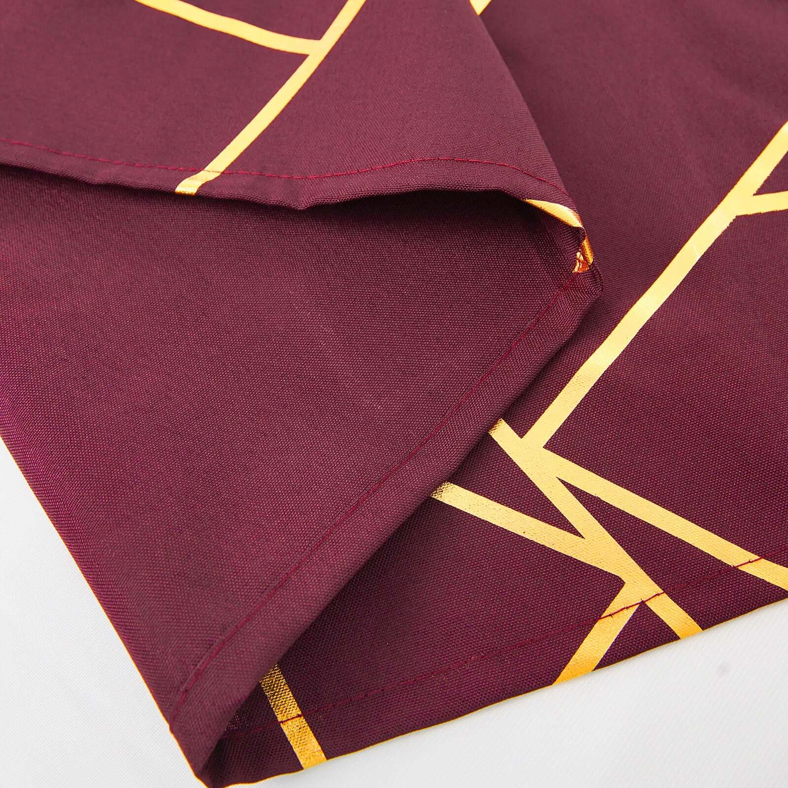Hot! Wrinkle-Resistant & Durable Burgundy Polyester Table Overlay with Gold Foil Geometric Pattern, 54x54