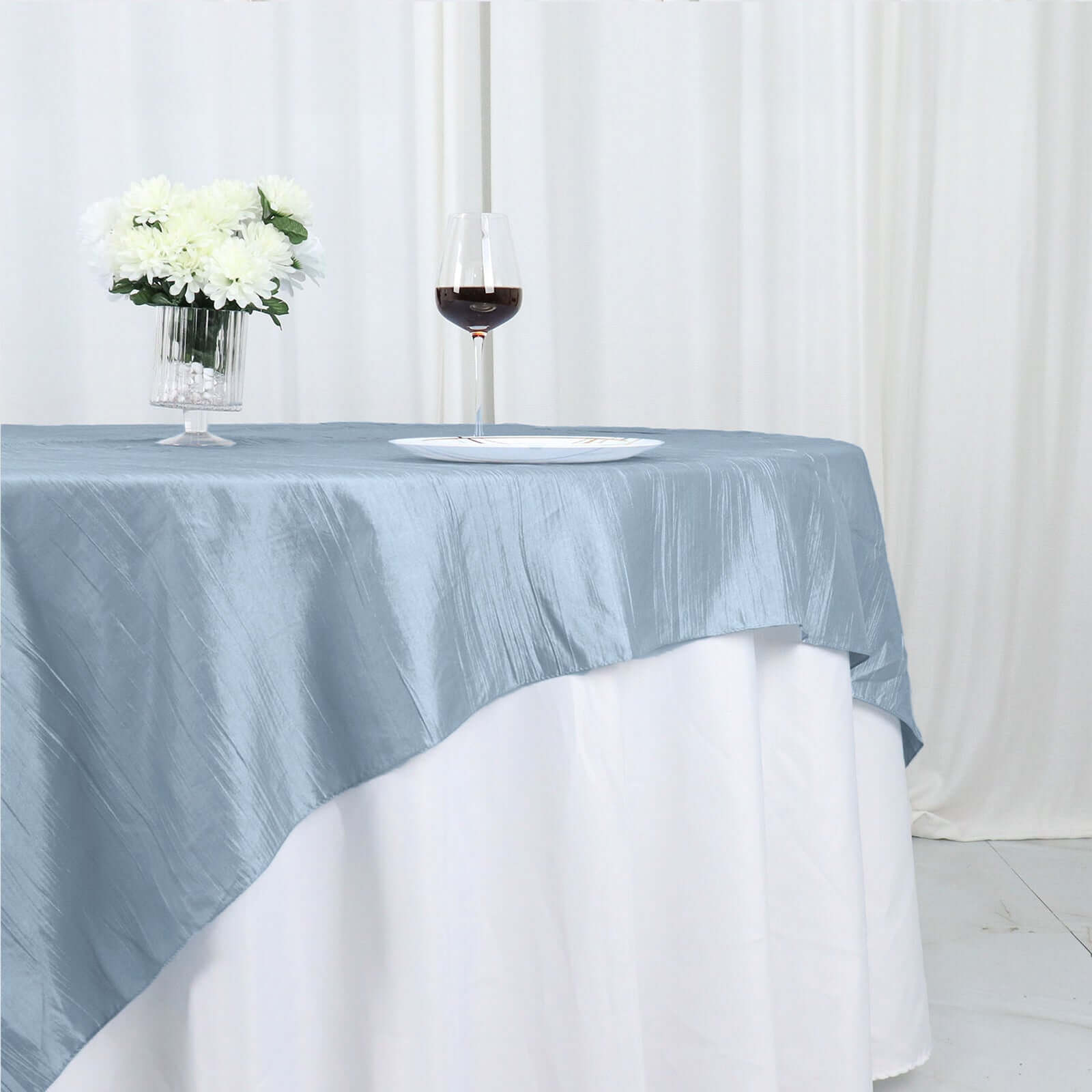 Special Offer! Dusty Blue Accordion Crinkle Taffeta Square Table Overlay 72x72