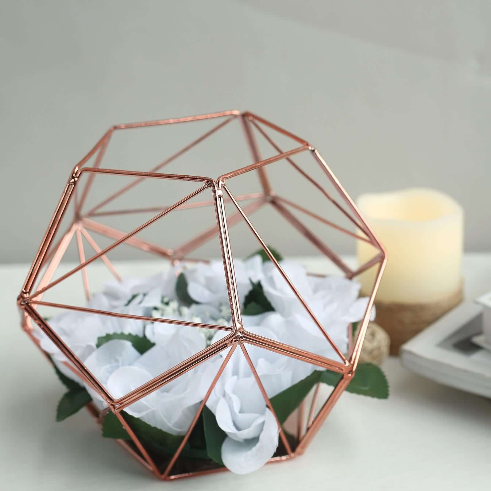 Stunning Rose Gold Metal Pentagon Prism Geometric Tealight Candle Holder - Ideal for Decor