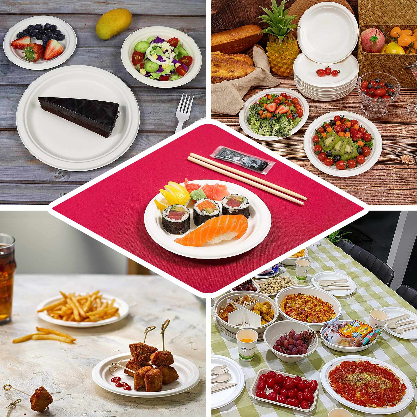 50-Pack White 7" Round Biodegradable Bagasse Dessert Plates - Ideal for Outdoor Events